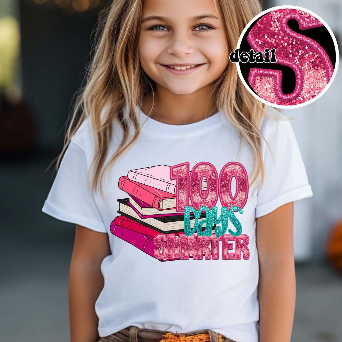 100 Days Smarter Pink Stacked Books (CITY) DTF transfer
