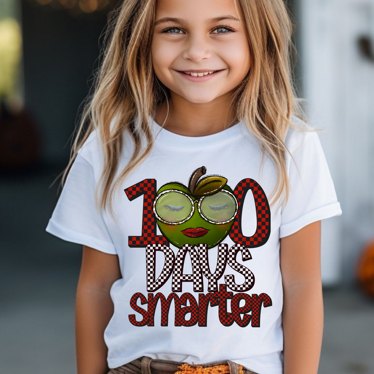 100 Days Smarter Red Font Apple with Glasses (CITY) DTF transfer