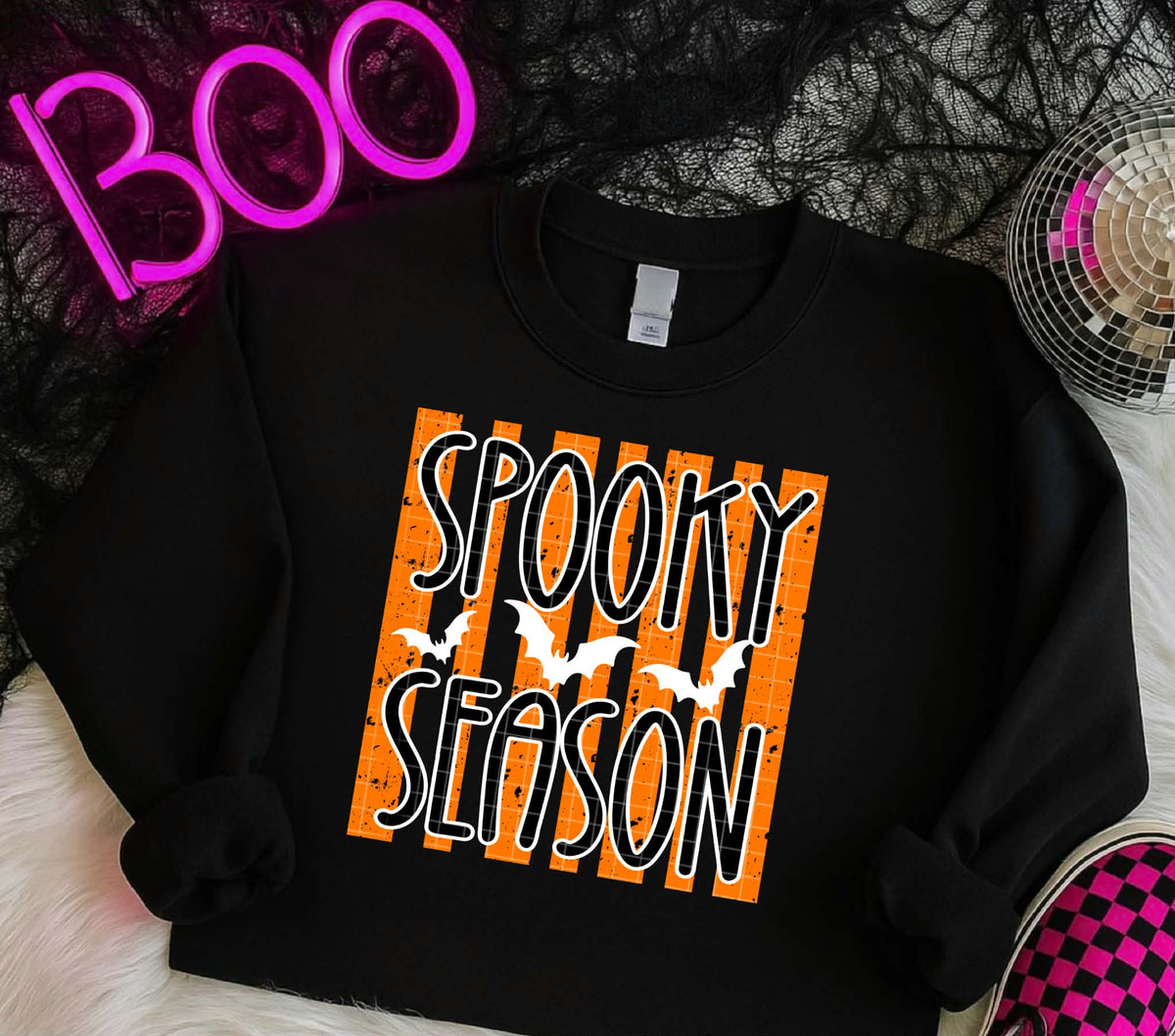 Spooky season black lettering orange stripe background white bats (Linda) DTF Transfer