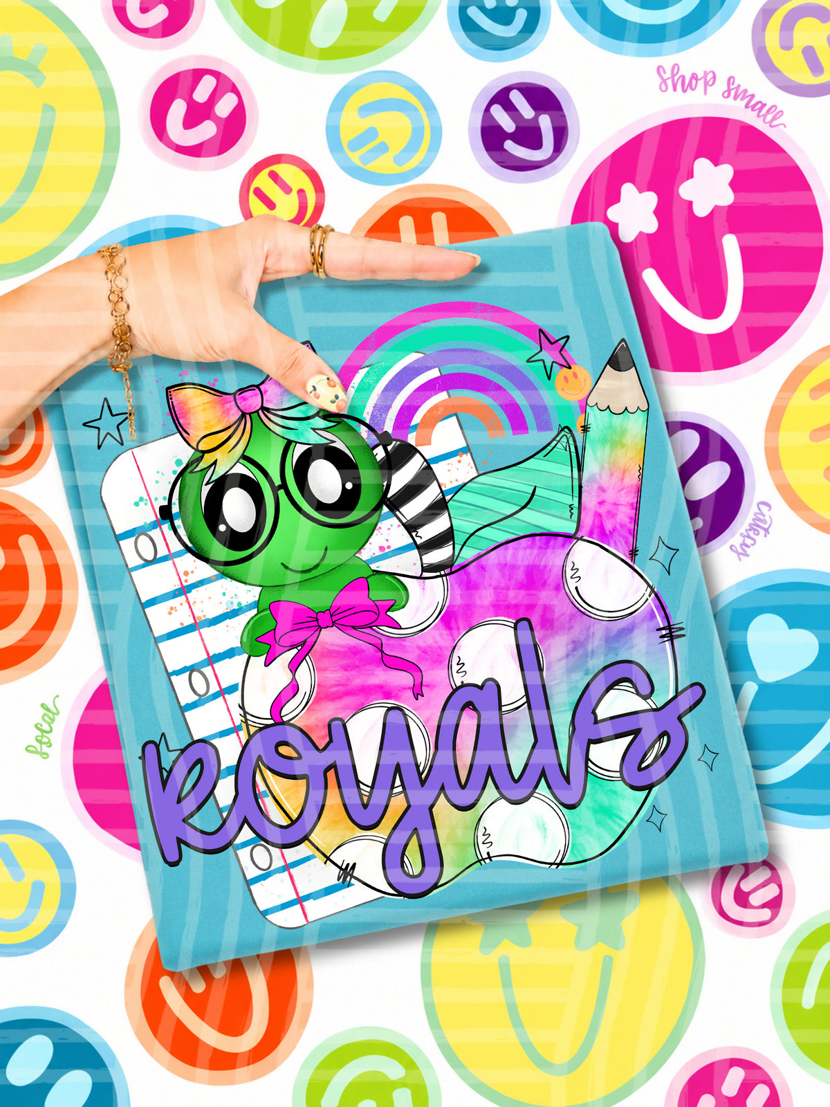 royals tie dye apple with white dots & green bug (CAPLINGER) DTF Transfer