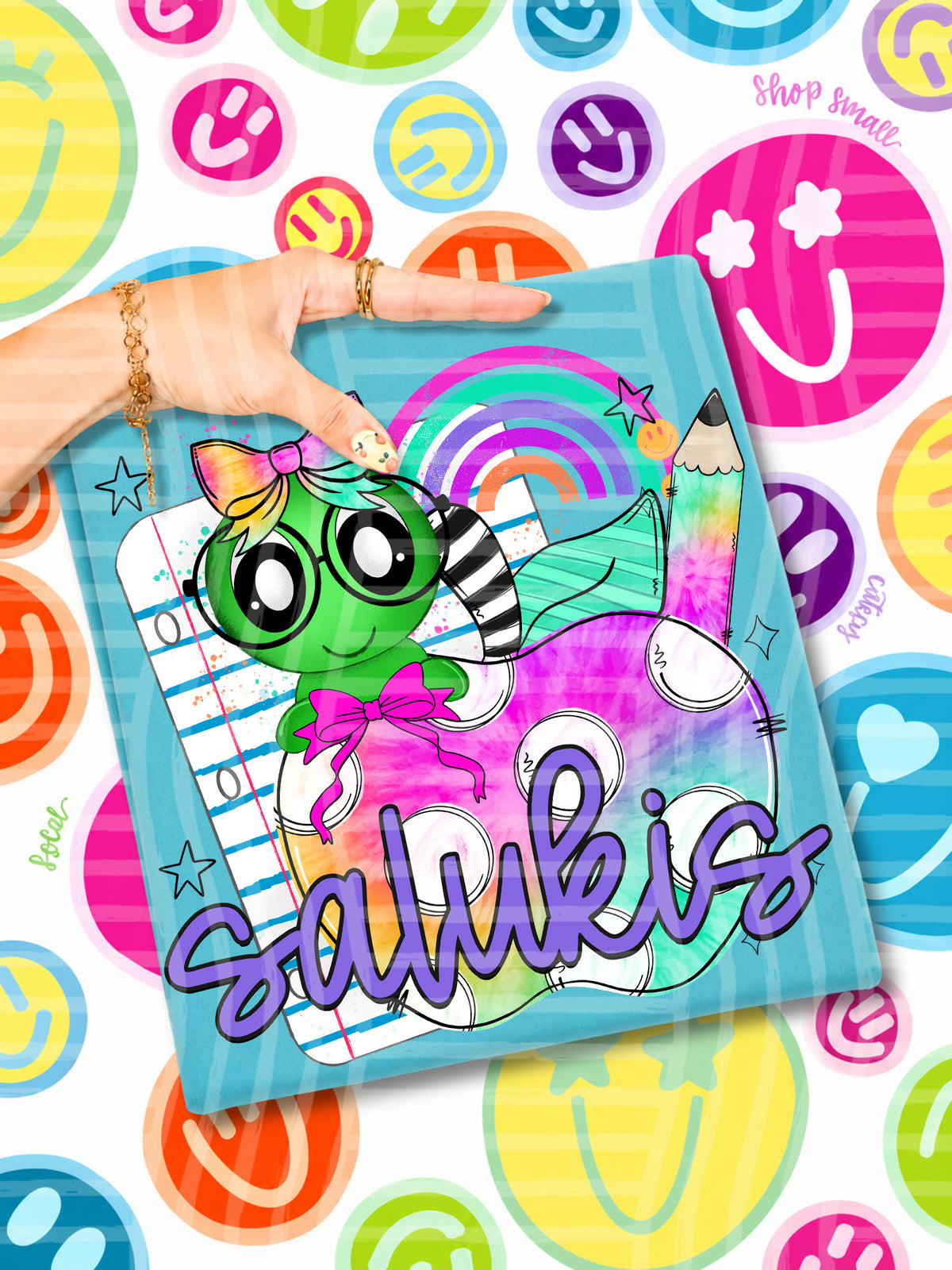 salukis tie dye apple with white dots & green bug (CAPLINGER) DTF Transfer