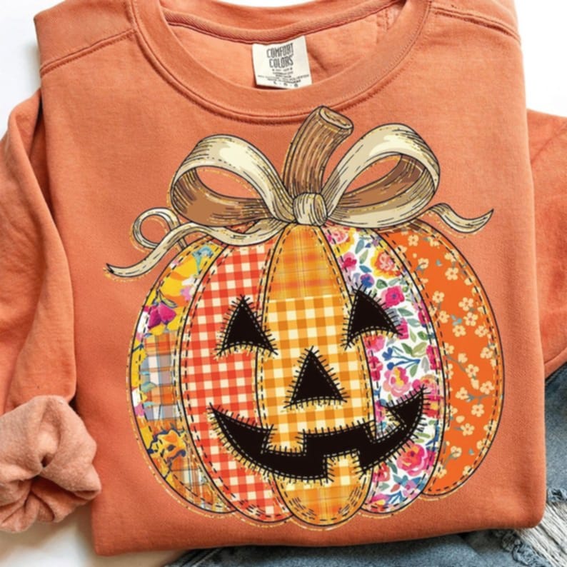 Patchwork Jack O Lantern with stitches and Bow DTF transfer