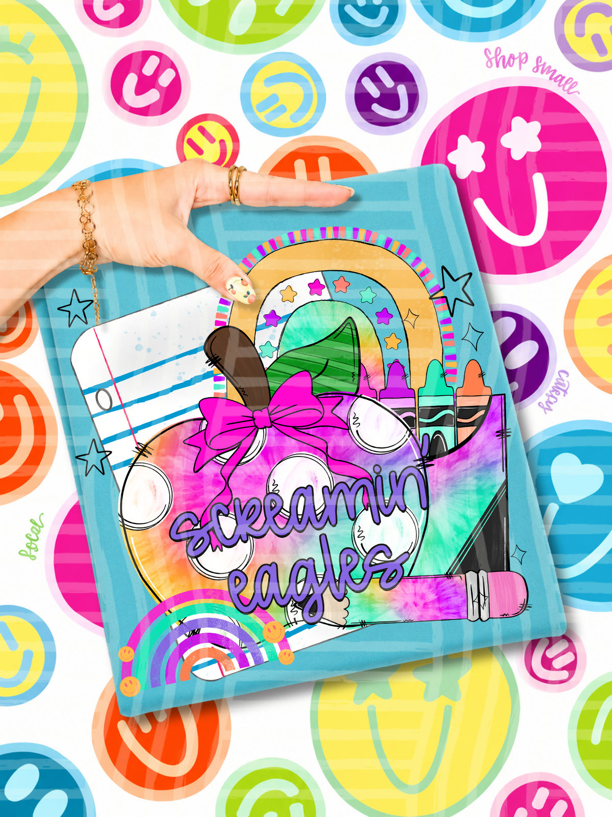 screamin eagles tie dye apple with white dots and school stuff (CAPLINGER) DTF Transfer