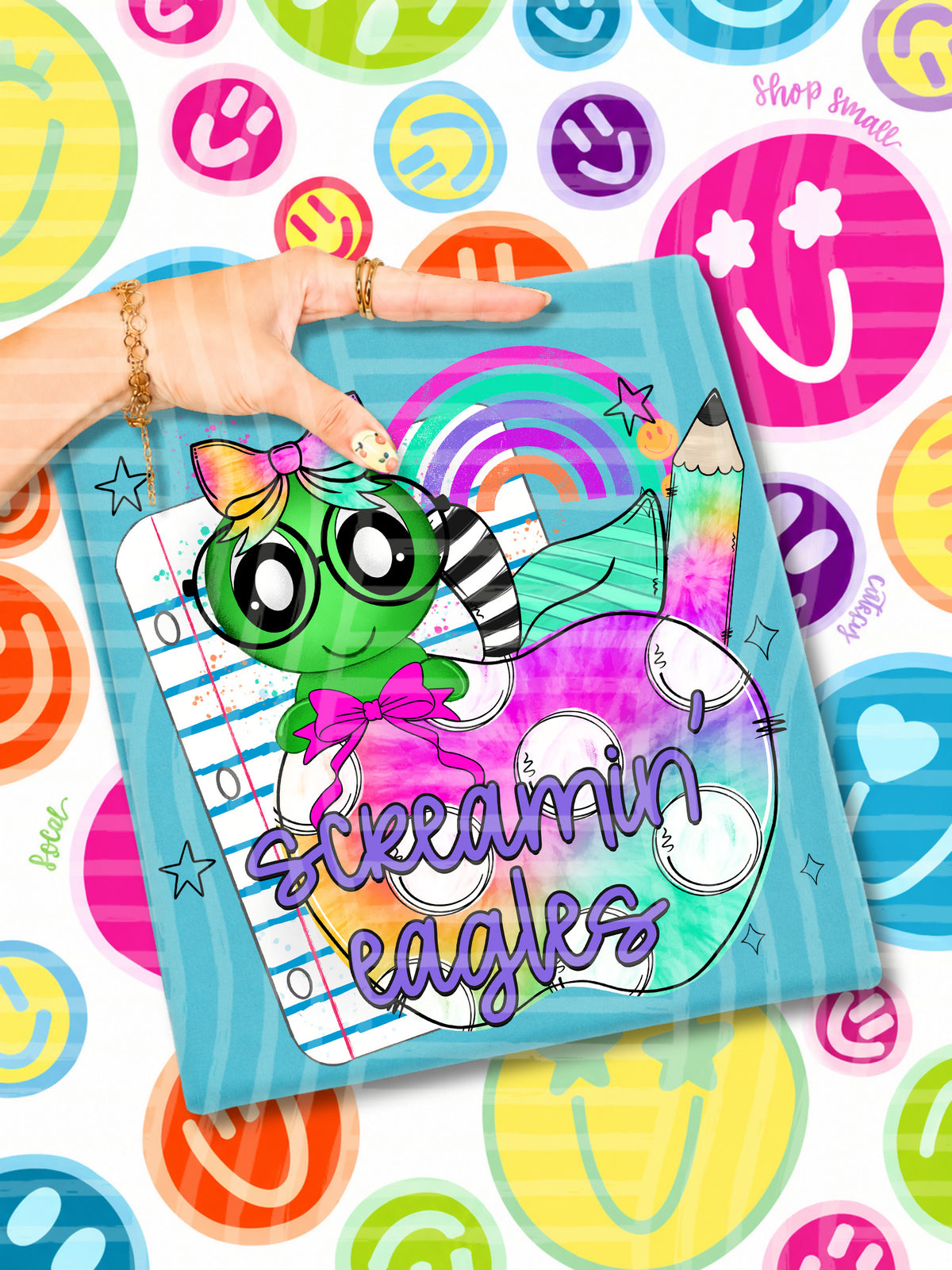 screamin eagles tie dye apple with white dots & green bug (CAPLINGER) DTF Transfer