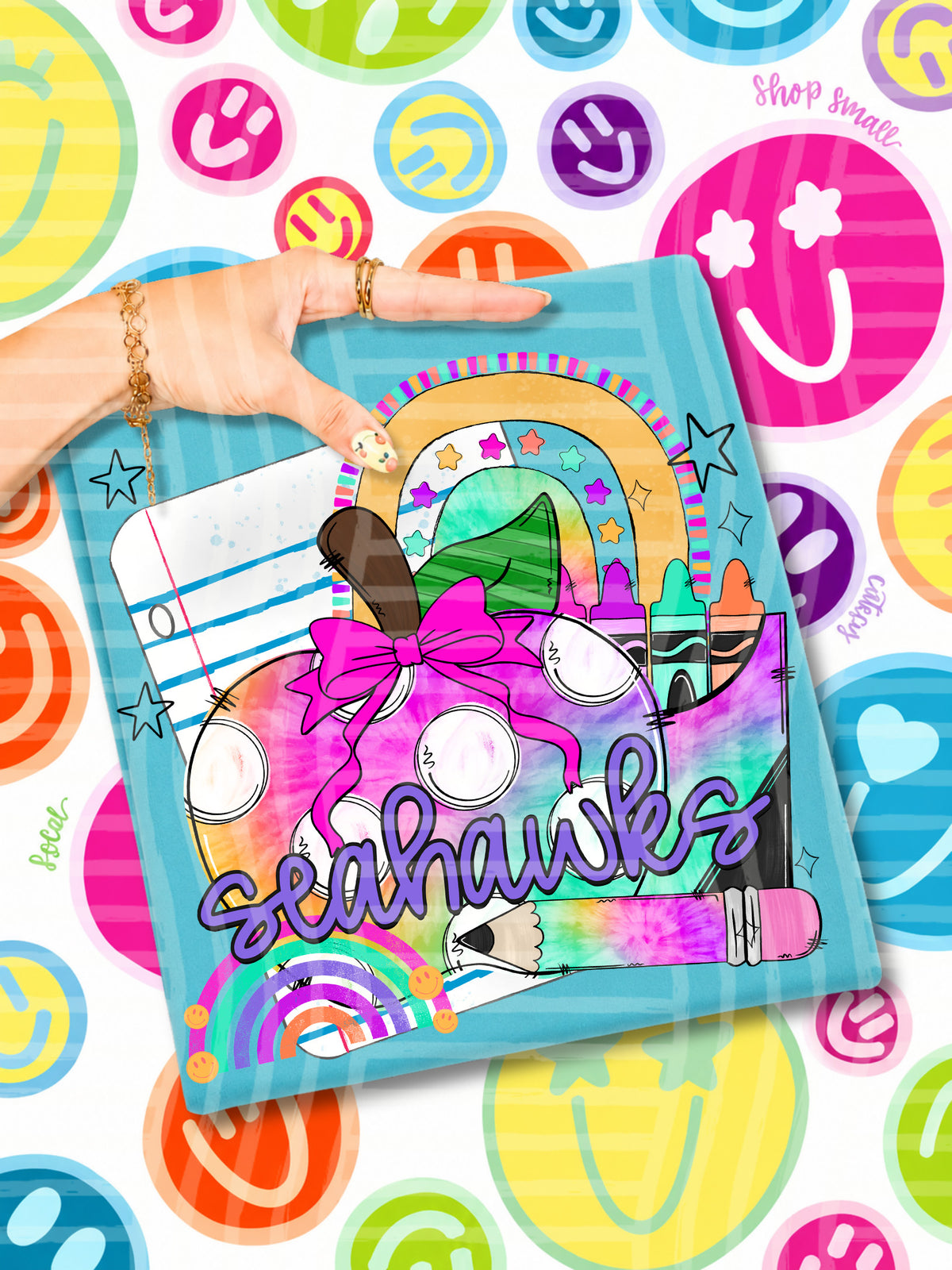 sea hawks tie dye apple with white dots and school stuff (CAPLINGER) DTF Transfer