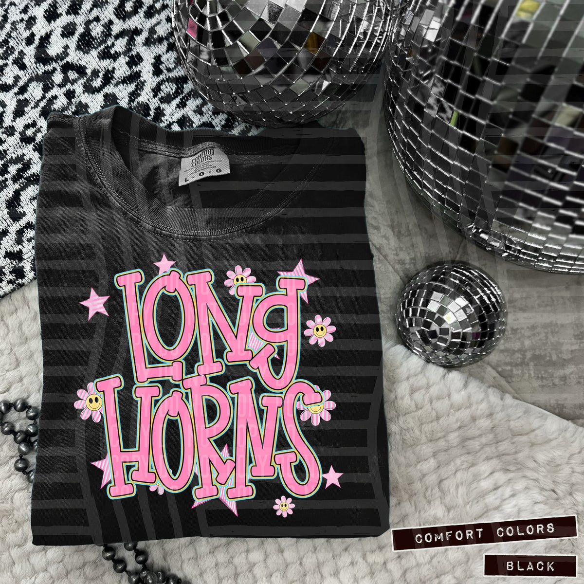 Longhorns Pink Flowers And Stars 104983 DTF transfer