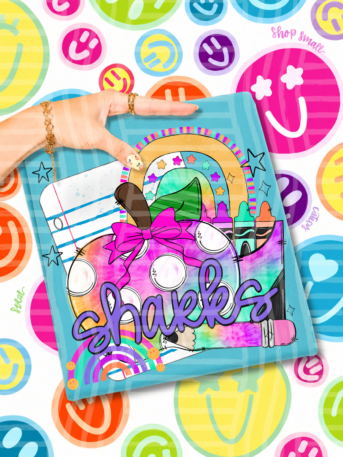 sharks tie dye apple with white dots and school stuff (CAPLINGER) DTF Transfer