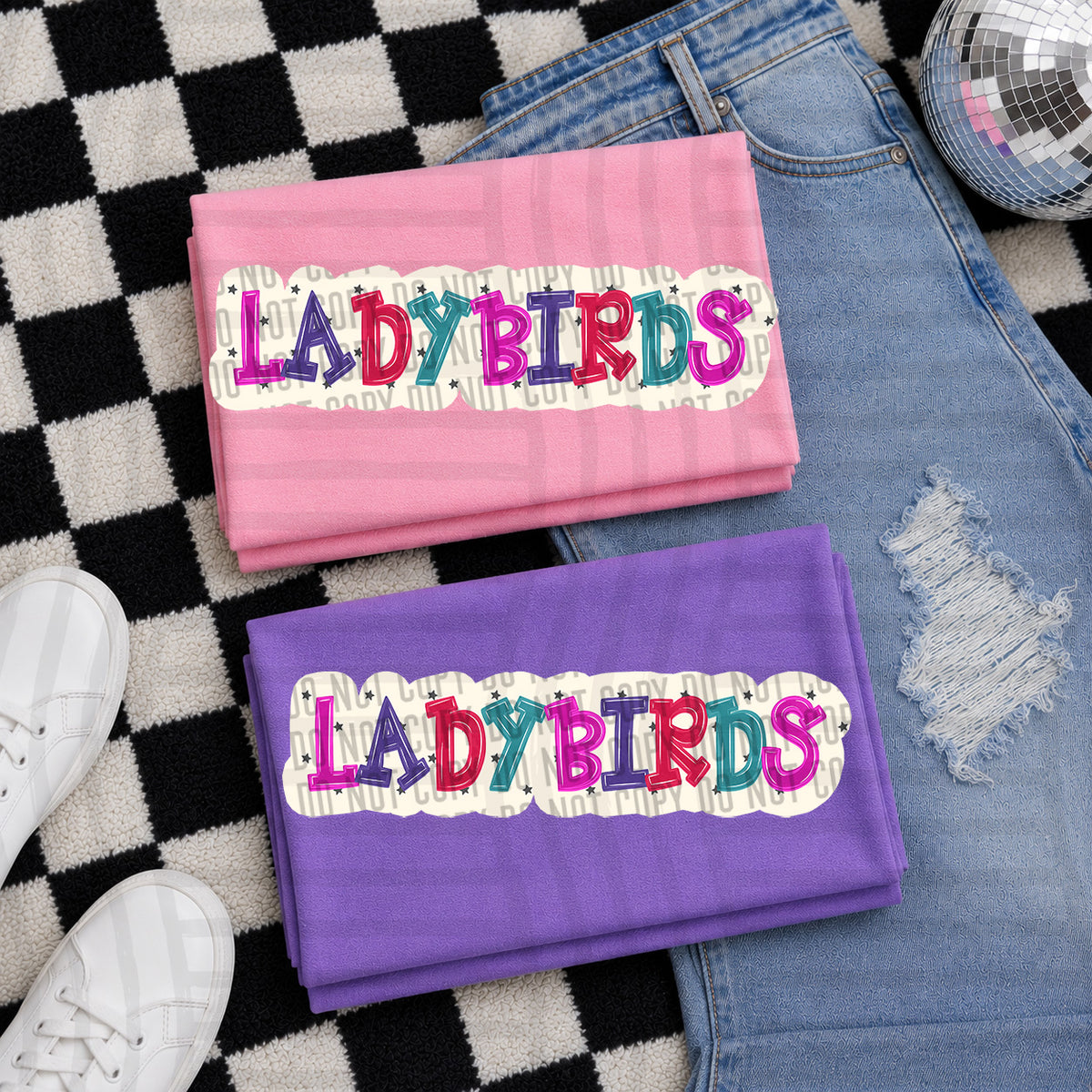 lady birds bubble around letters with small stars (Caplinger) DTF Transfer
