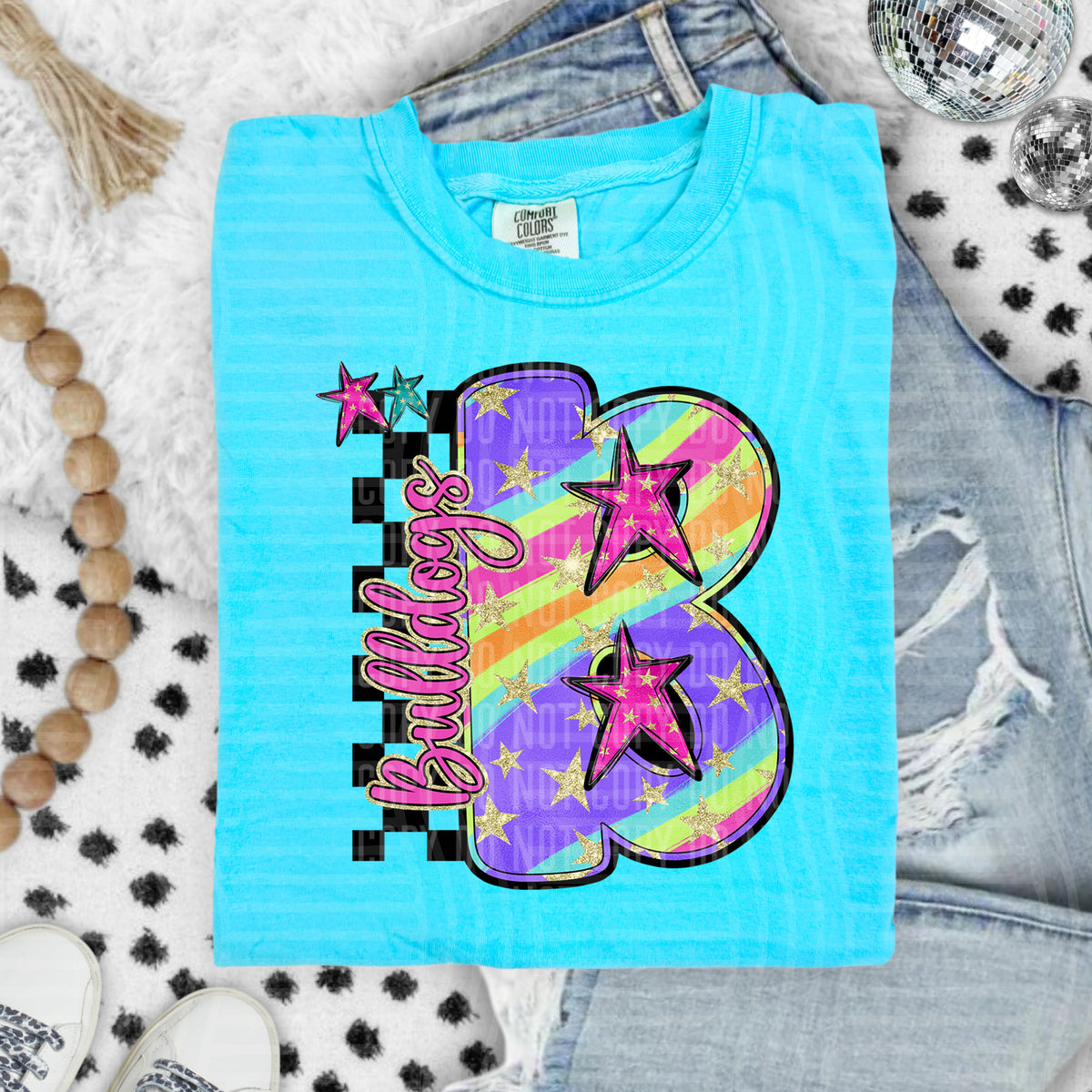 Bulldogs Colorful Retro Rainbow Letter B With Stars And Checker 108095 DTF transfer