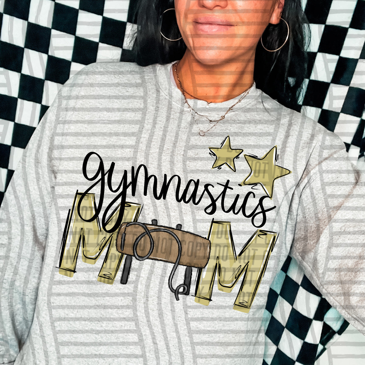 gymnastics mom gray light gold stars (Caplinger) DTF transfer