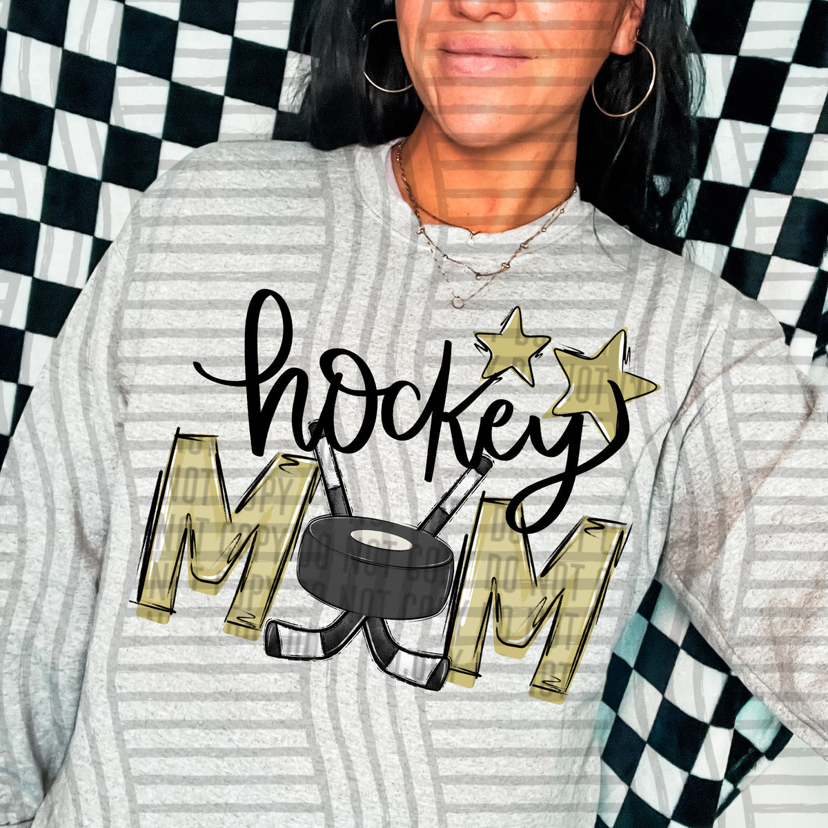 hockey mom gray light gold stars (Caplinger) DTF transfer