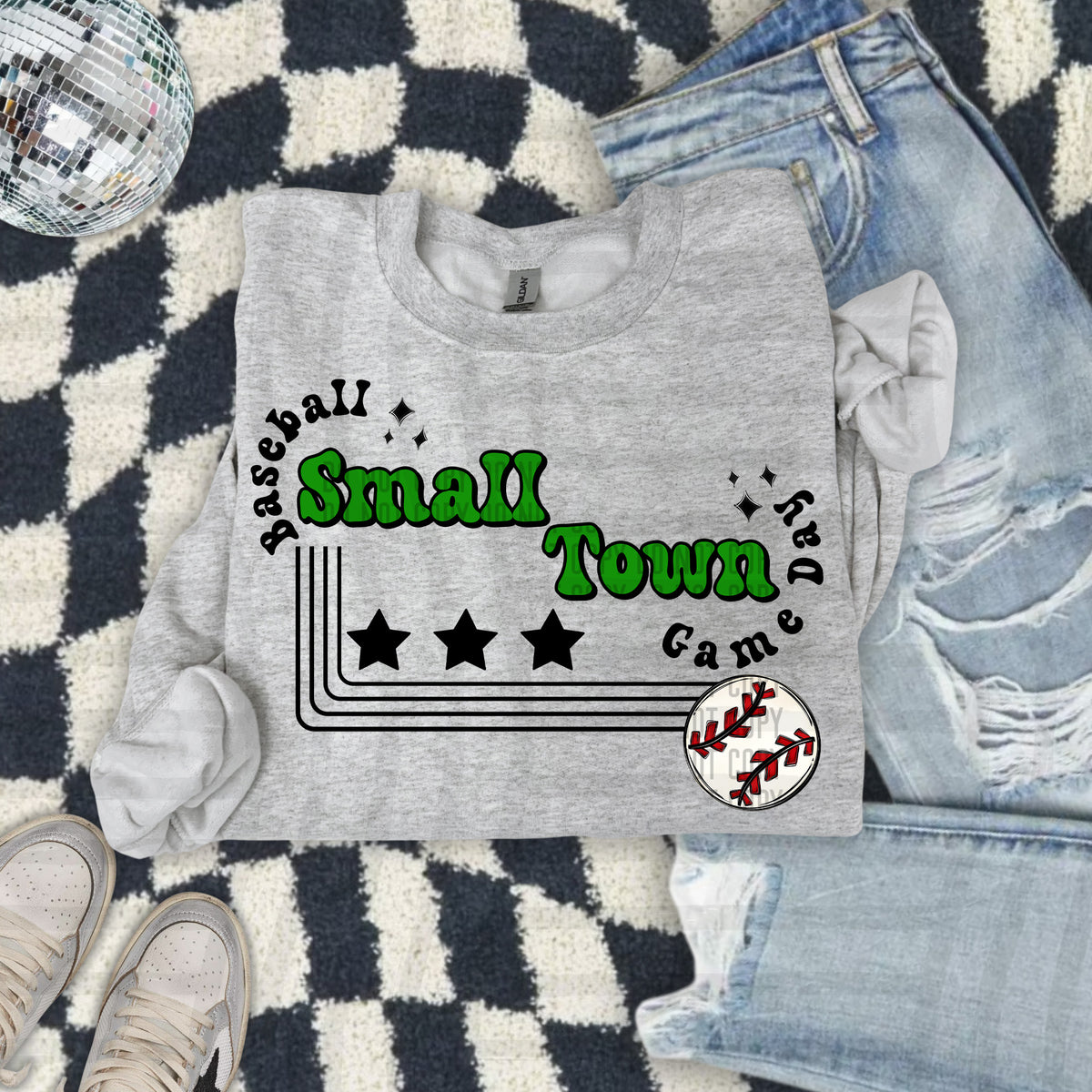 Small town baseball with stars GREEN (Caplinger) DTF Transfer
