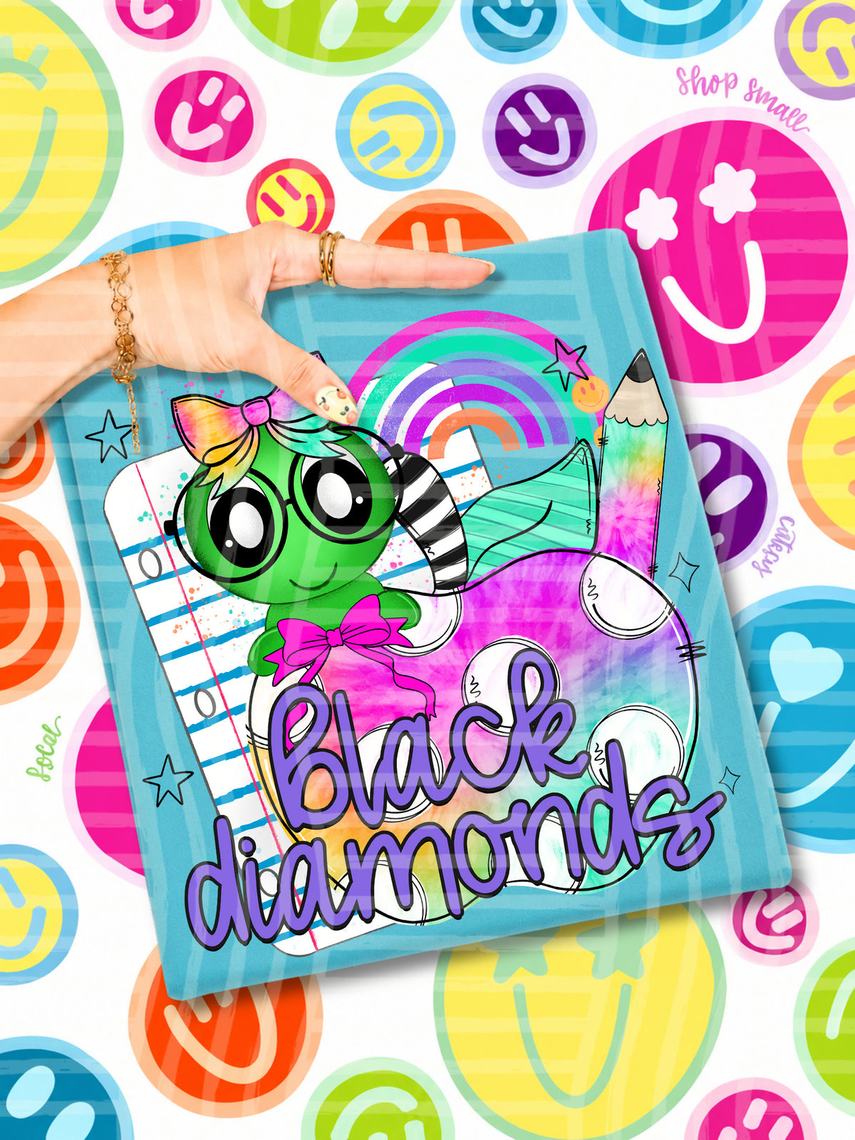 blackdiamonds tie dye apple with white dots & green bug (CAPLINGER) DTF Transfer