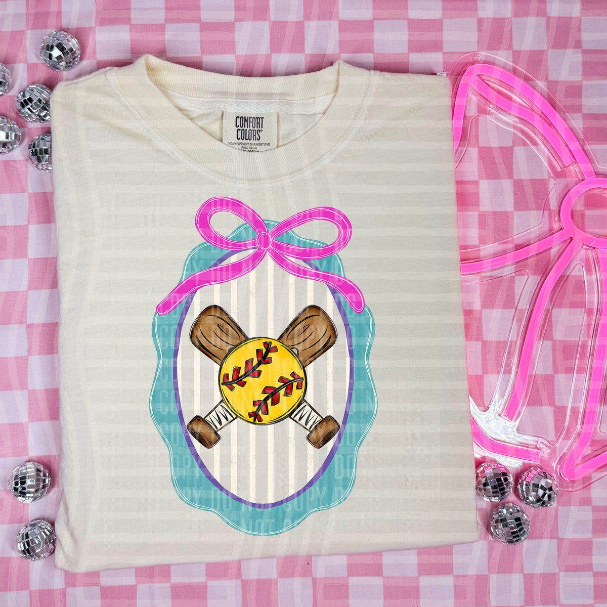 Softball oval frame PINK bow (Caplinger) DTF Transfer