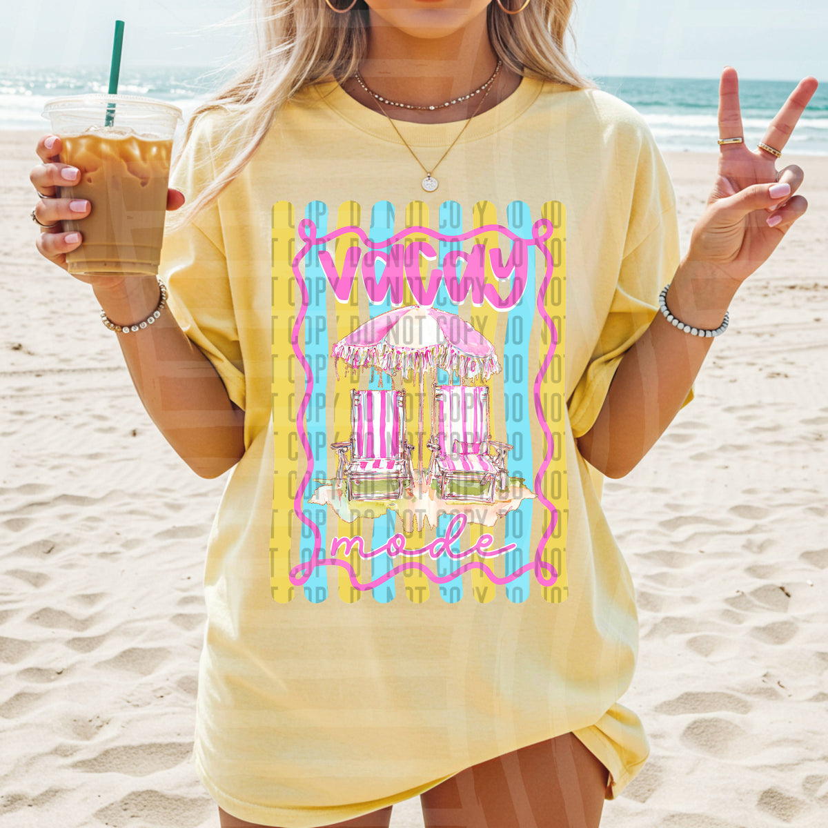 vacay mode beach chairs blue and yellow striped background pink squiggle boarder (caplinger) DTF transfer