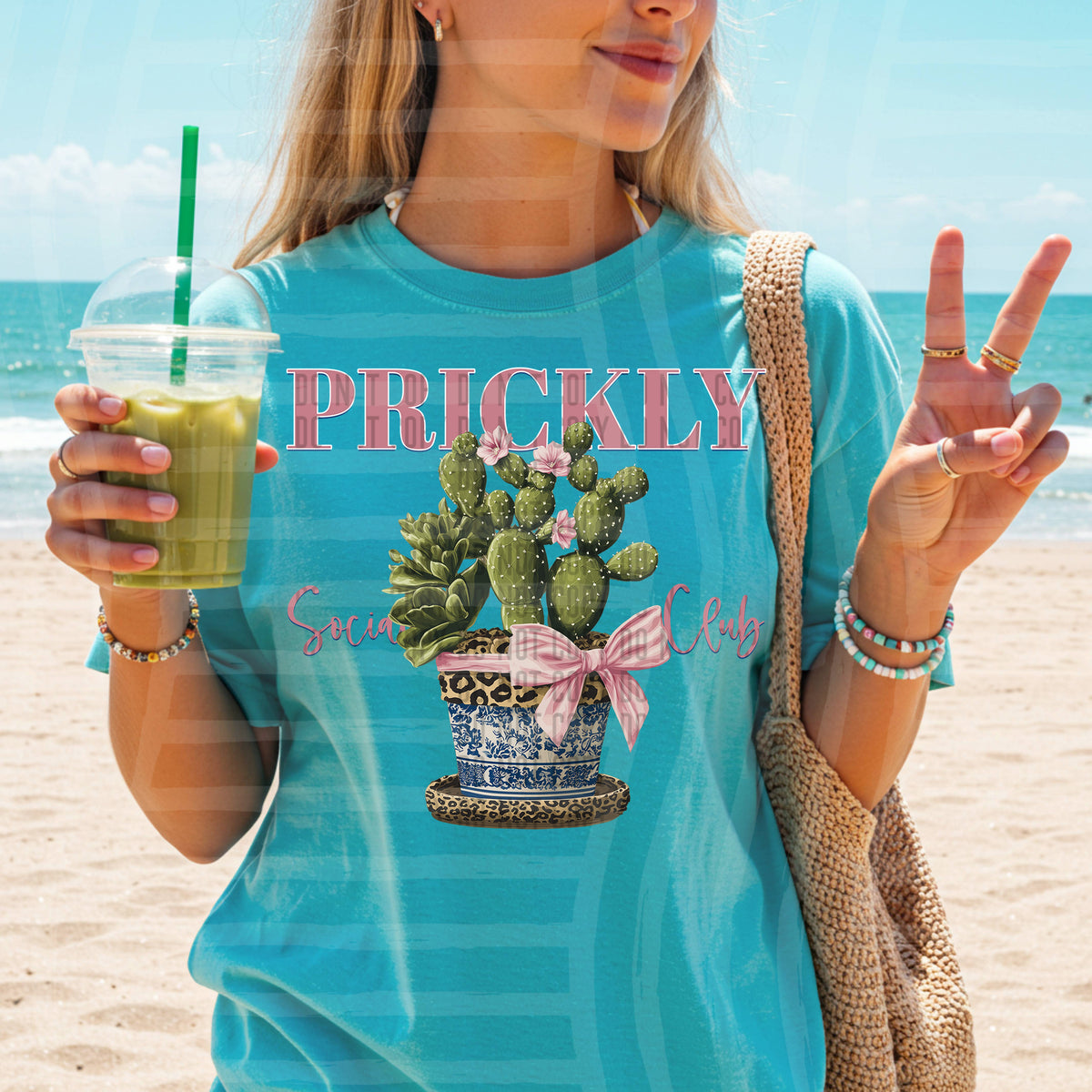 prickly social club cactus with pink bow (caplinger) DTF transfer