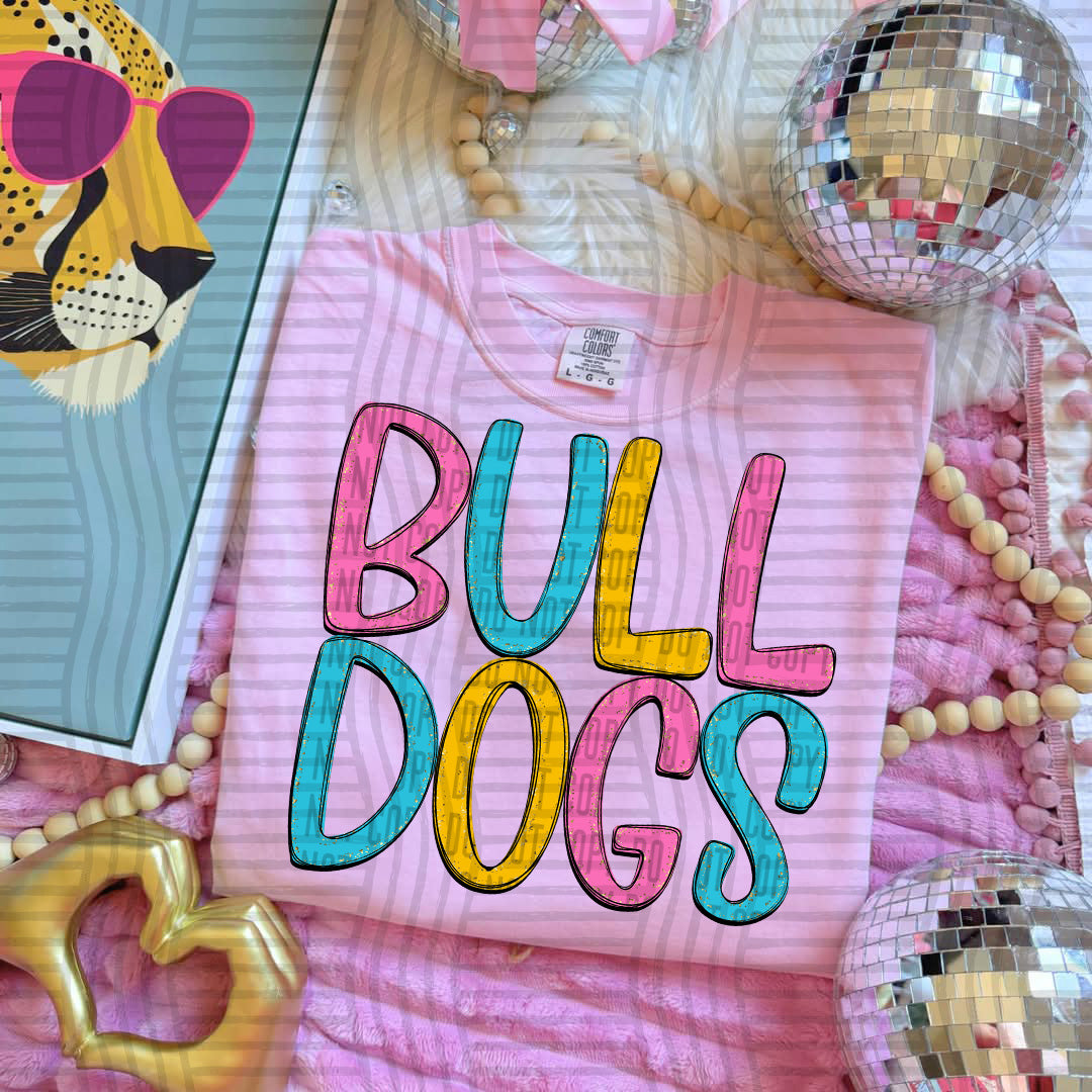blue yellow and pink bull dogs stacked (Caplinger) DTF Transfer