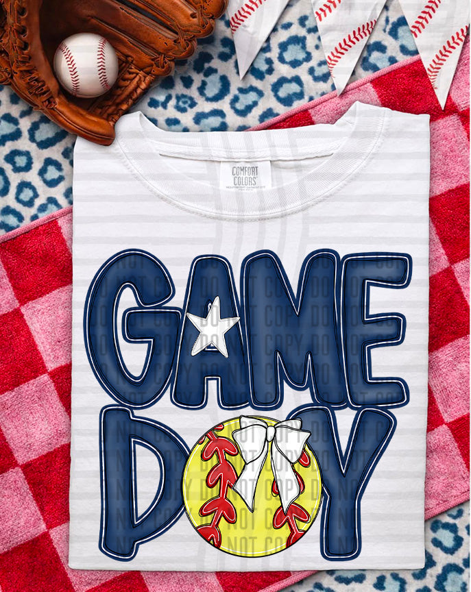 navy game day baseball white bow (Caplinger) DTF Transfer