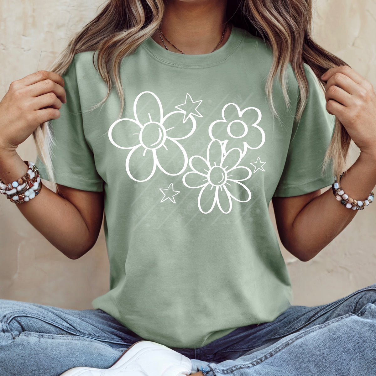 Three flowers and stars (white) DTF Transfer