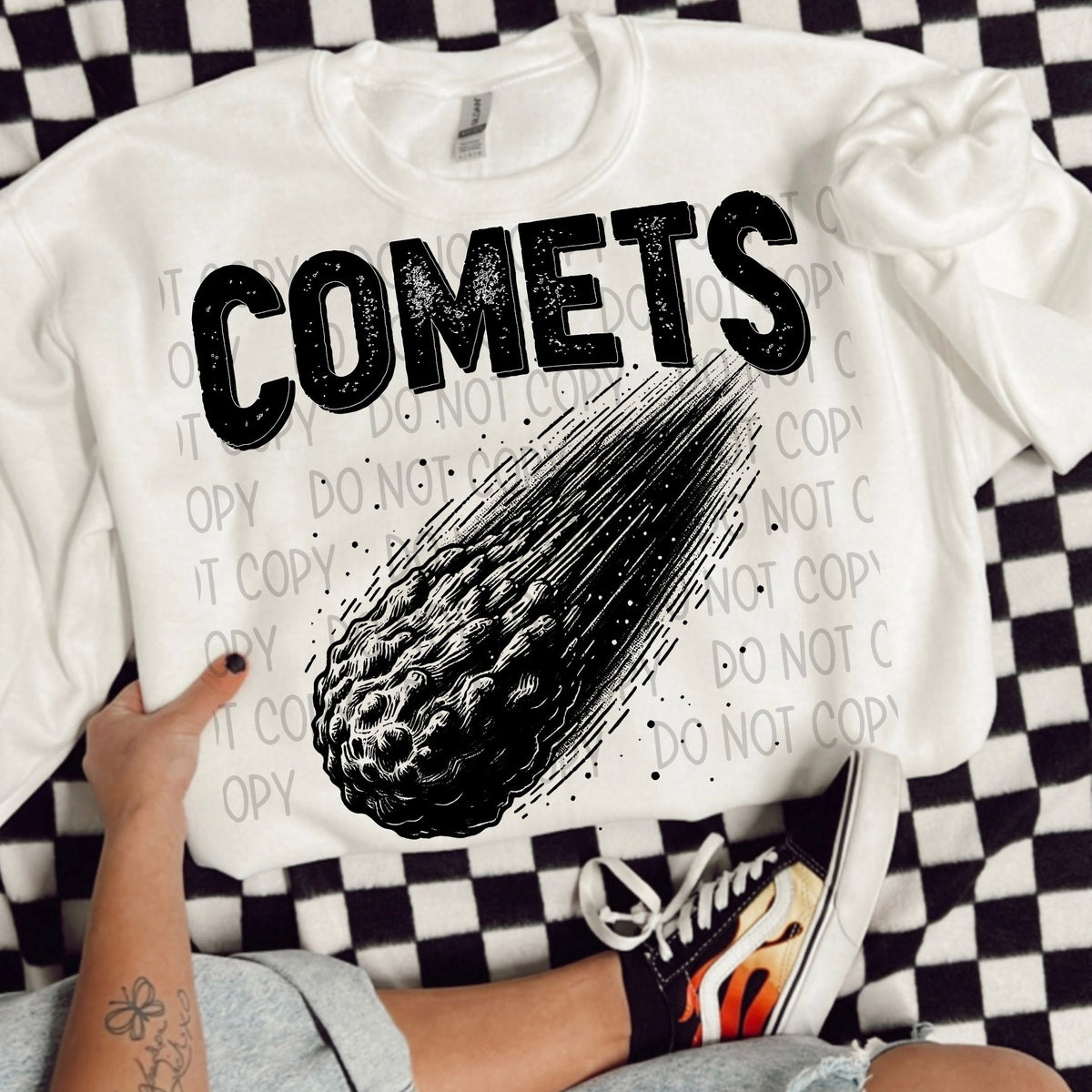 Comets black/white outline DTF transfer