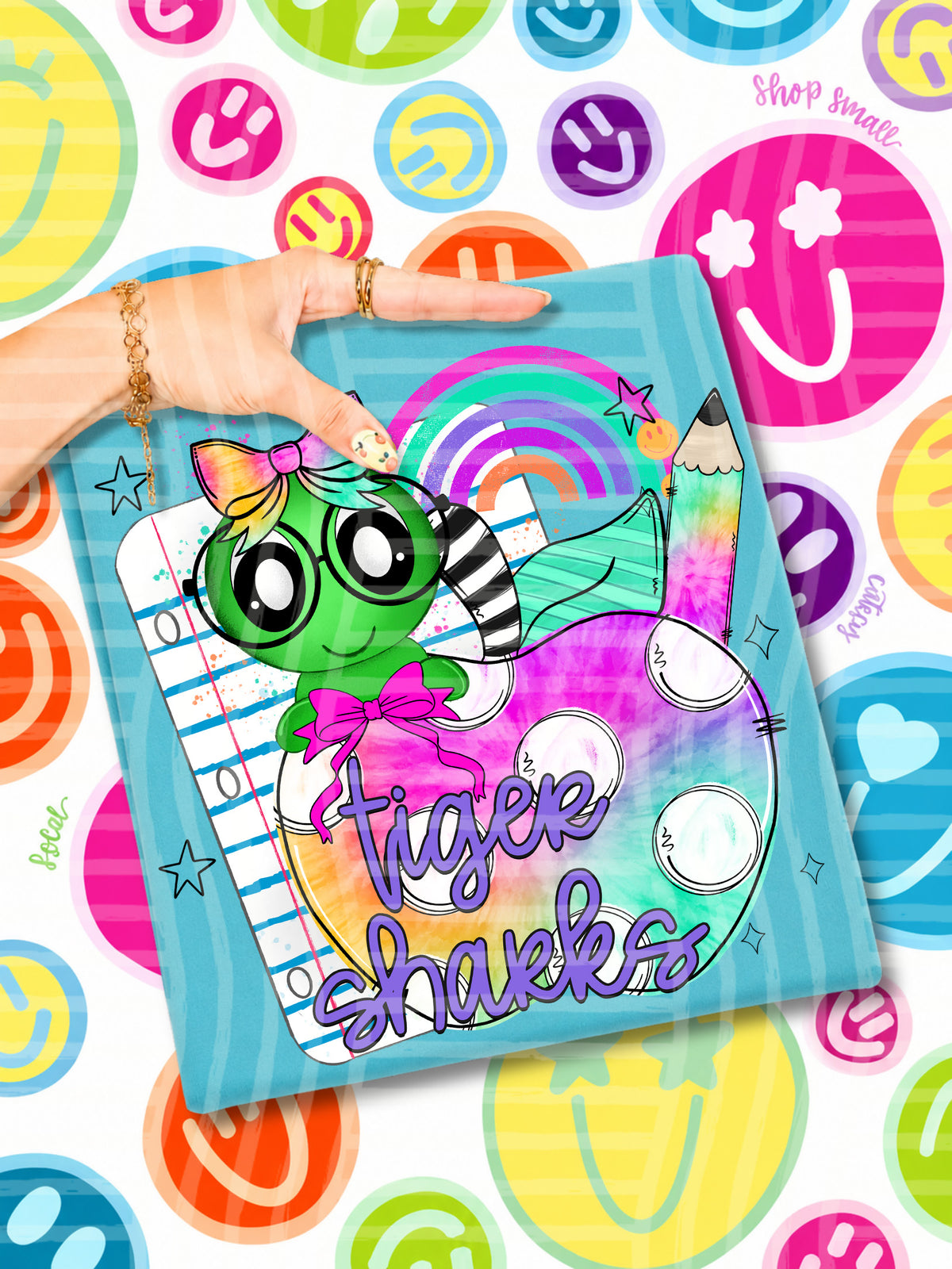 tiger sharks tie dye apple with white dots & green bug (CAPLINGER) DTF Transfer