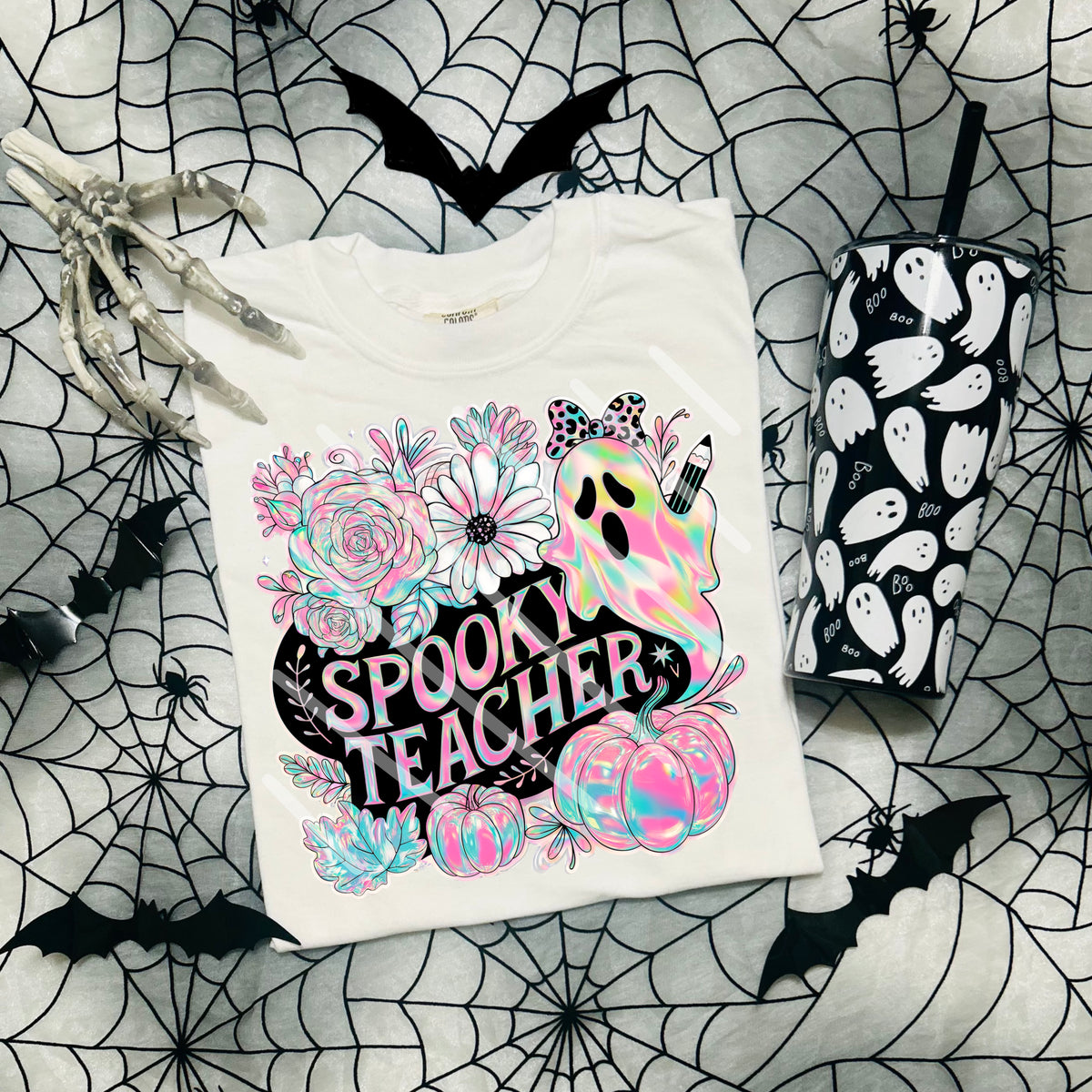 Spooky Teacher with florals and ghost 110907 DTF Transfer