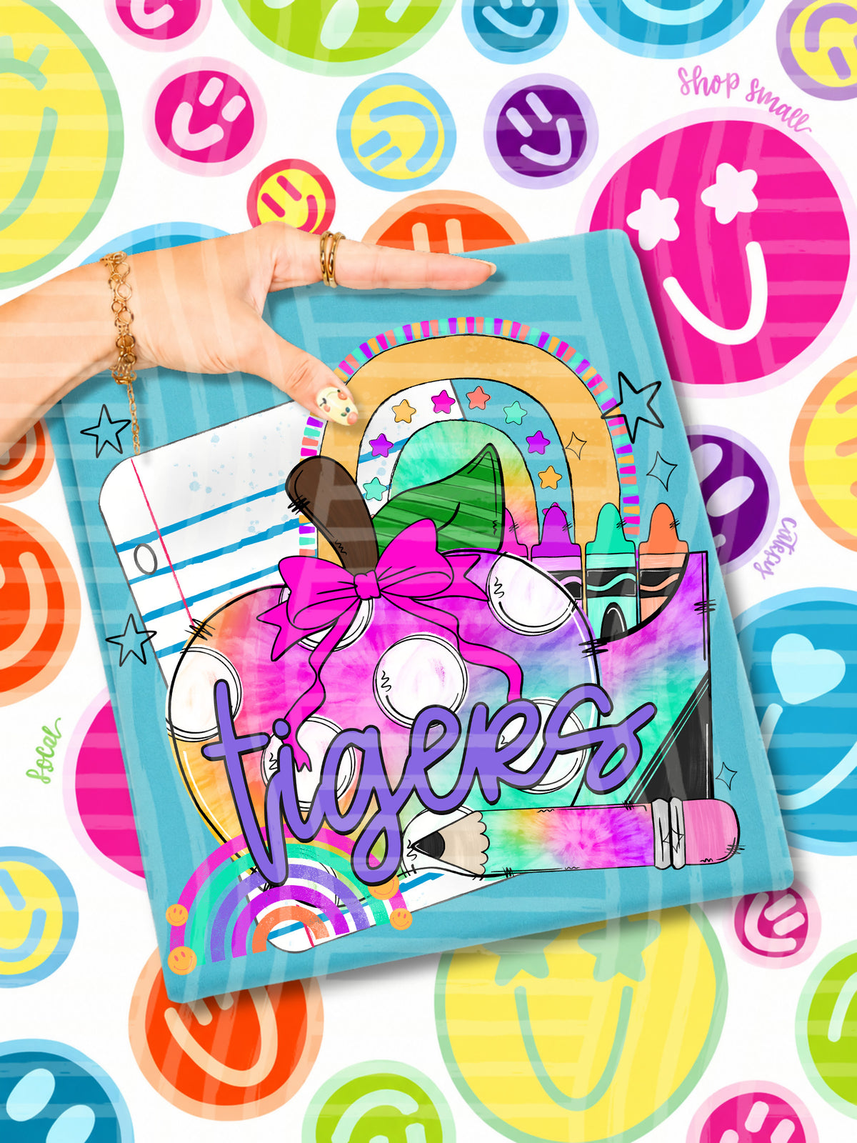 tigers tie dye apple with white dots and school stuff (CAPLINGER) DTF Transfer