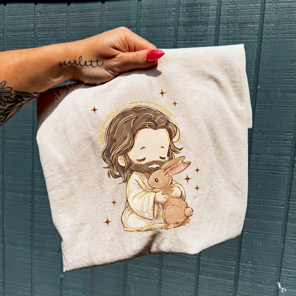 Jesus and bunny with tan stars DTF Transfer