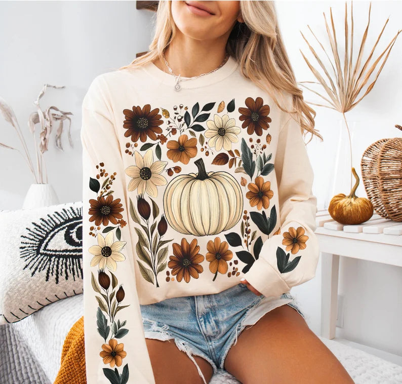 White pumpkin with florals FRONT ONLY 67630 DTF transfer