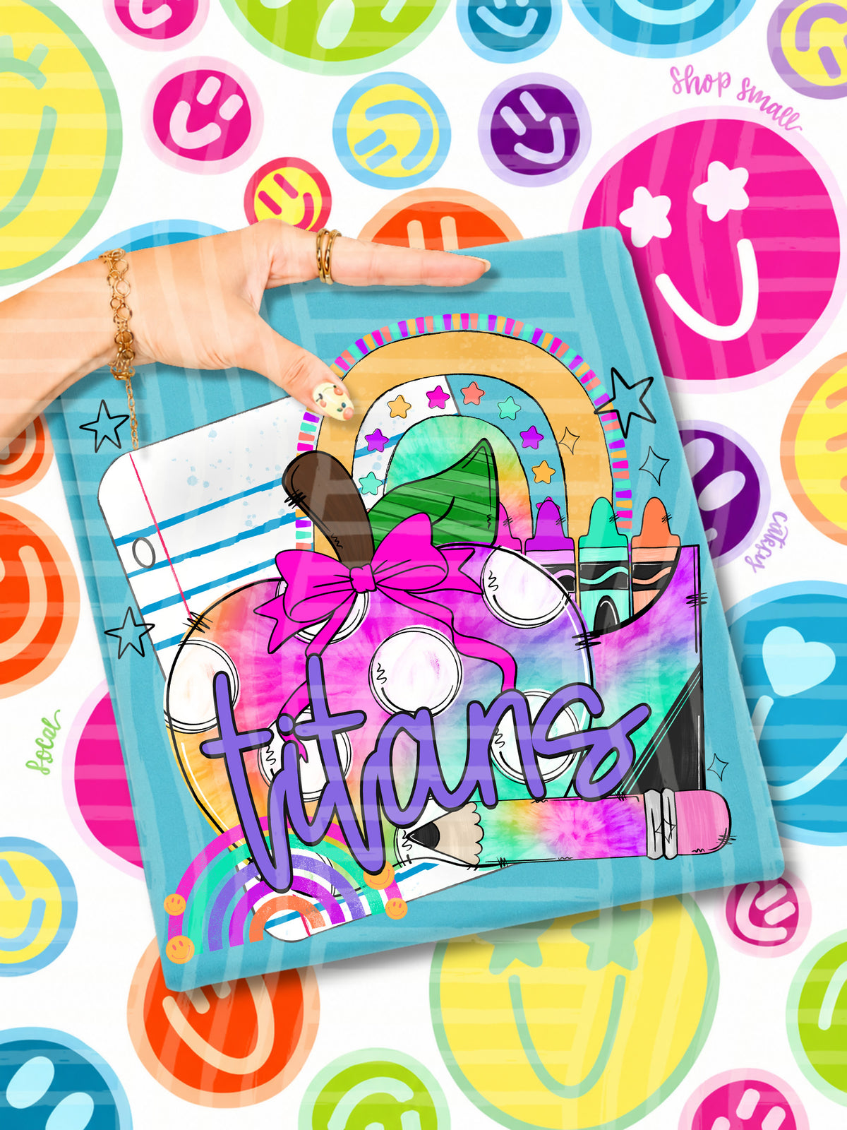 titans tie dye apple with white dots and school stuff (CAPLINGER) DTF Transfer