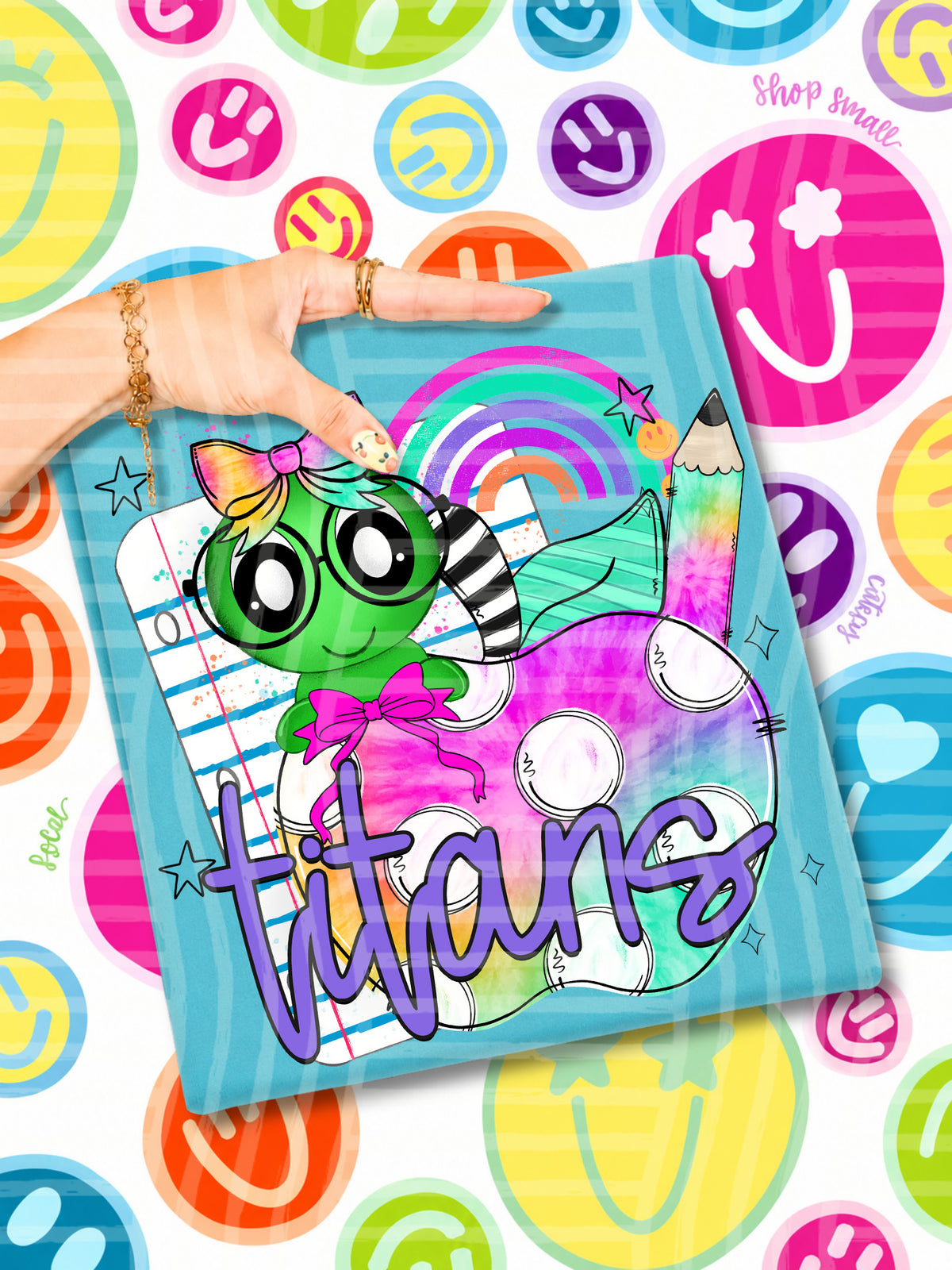 titans tie dye apple with white dots & green bug (CAPLINGER) DTF Transfer