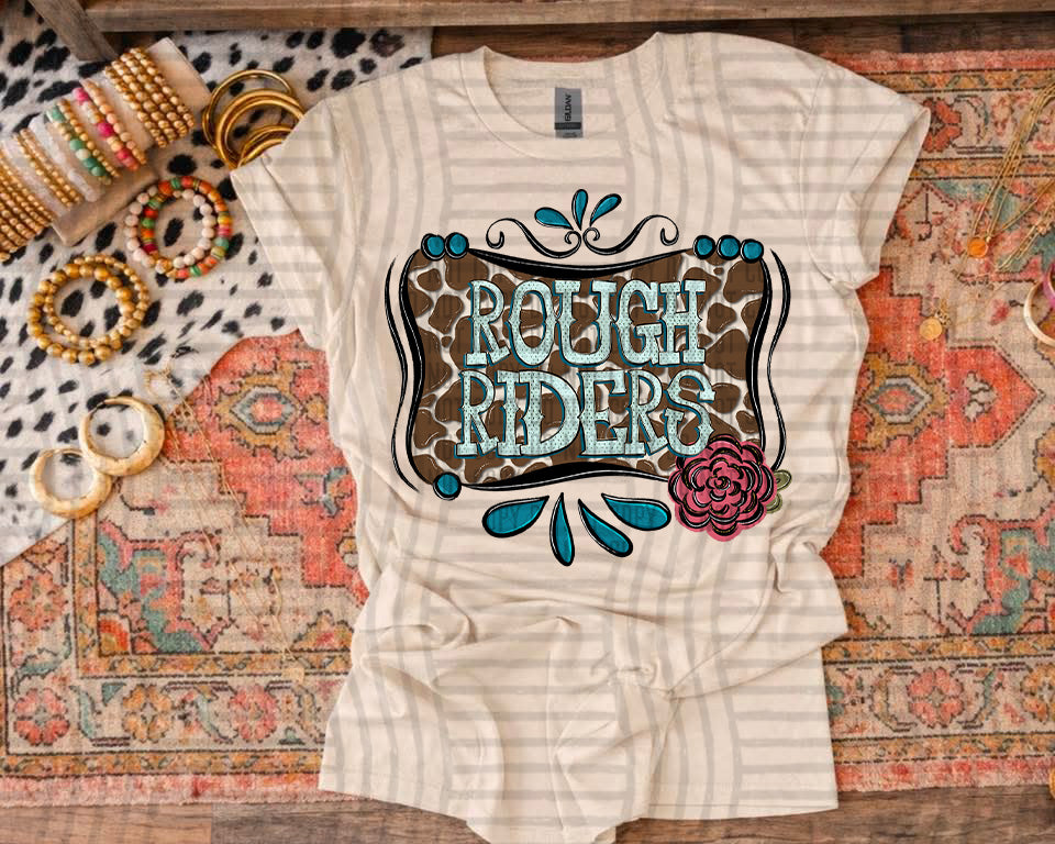 Rough Riders stacked cowhide & turquoise (Caplinger) DTF transfer