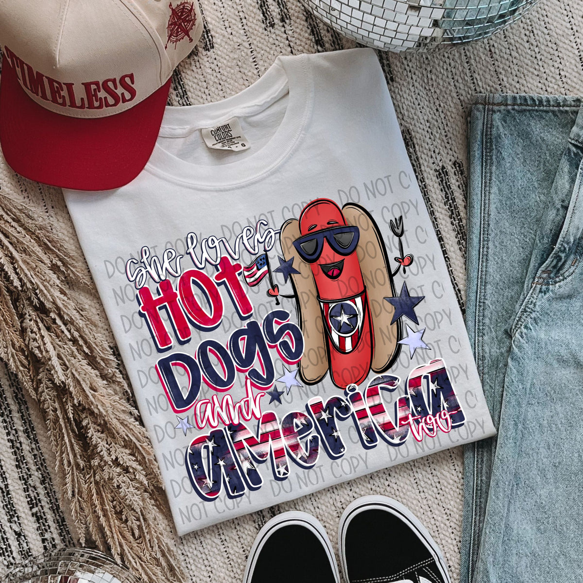 She loves Hotdogs and America Patriotic fonts (SWD) DTF transfer