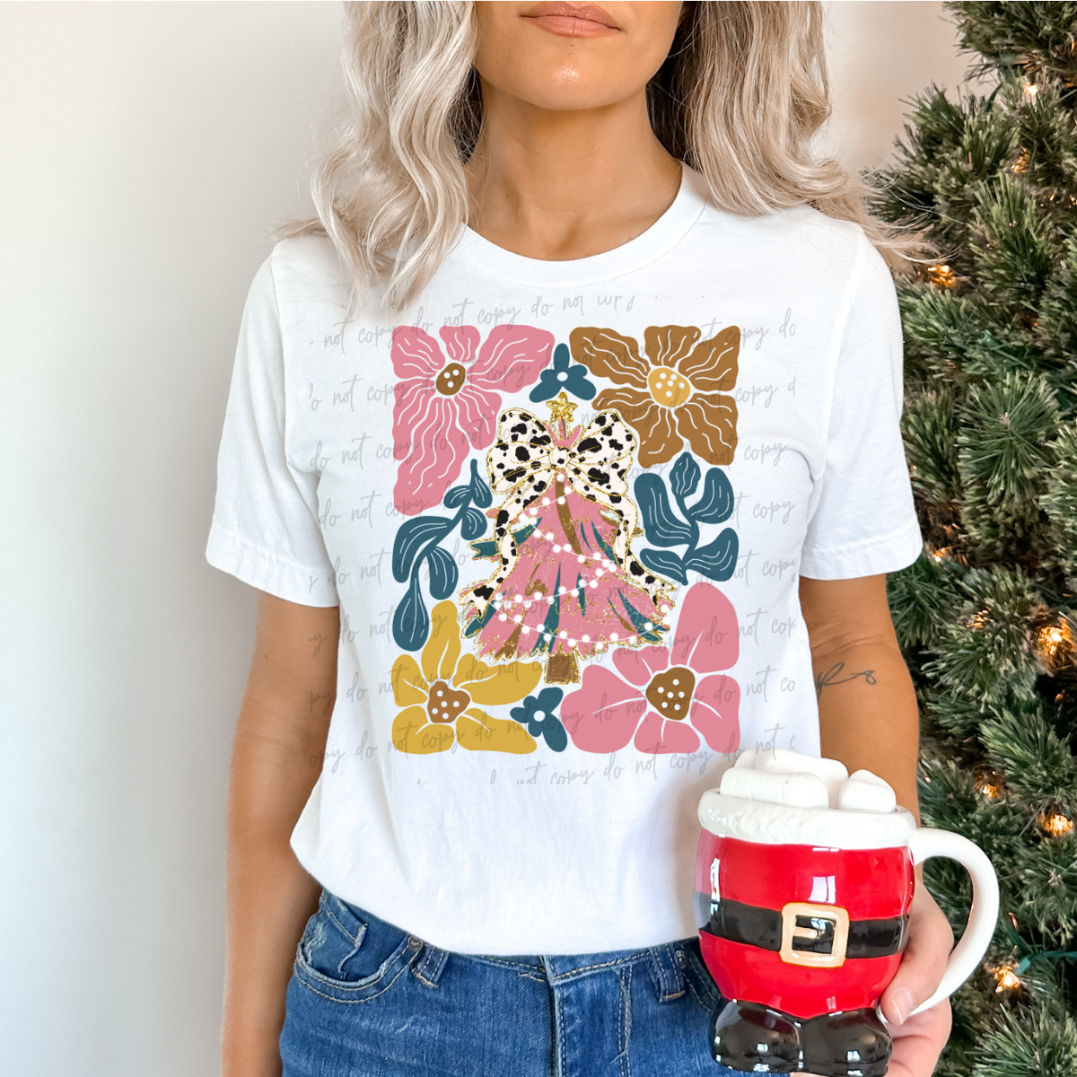 Pink Christmas Tree With Flowers DTF Transfers