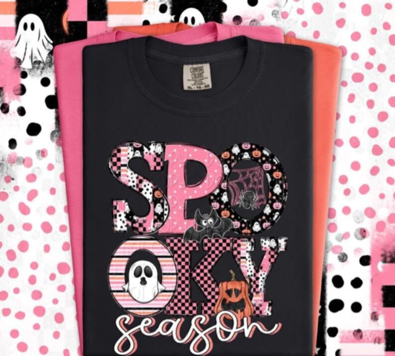 Spooky Season pink letters DTF transfer