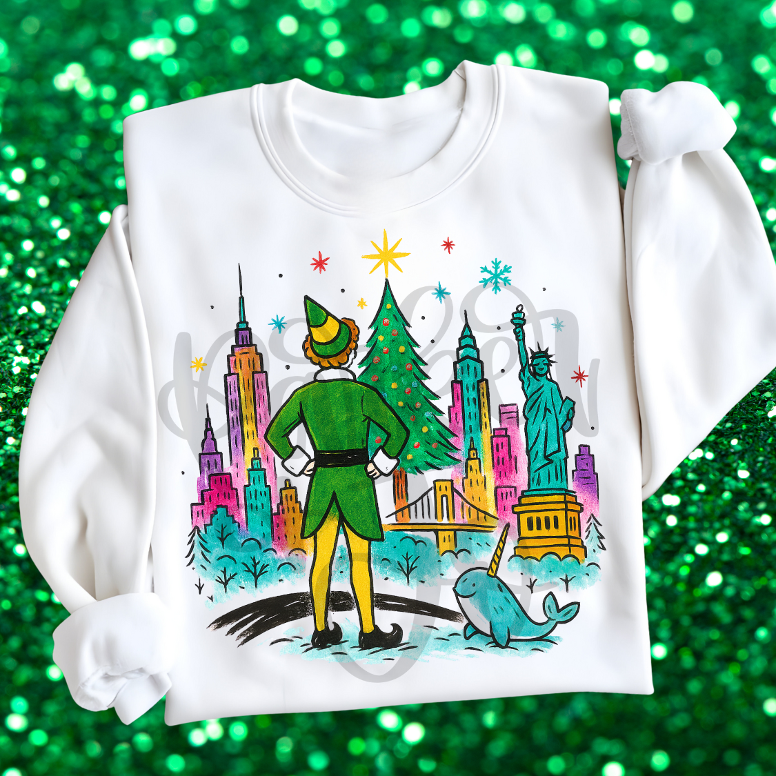 Elf looking Over Town colorful (PARKER) DTF transfer