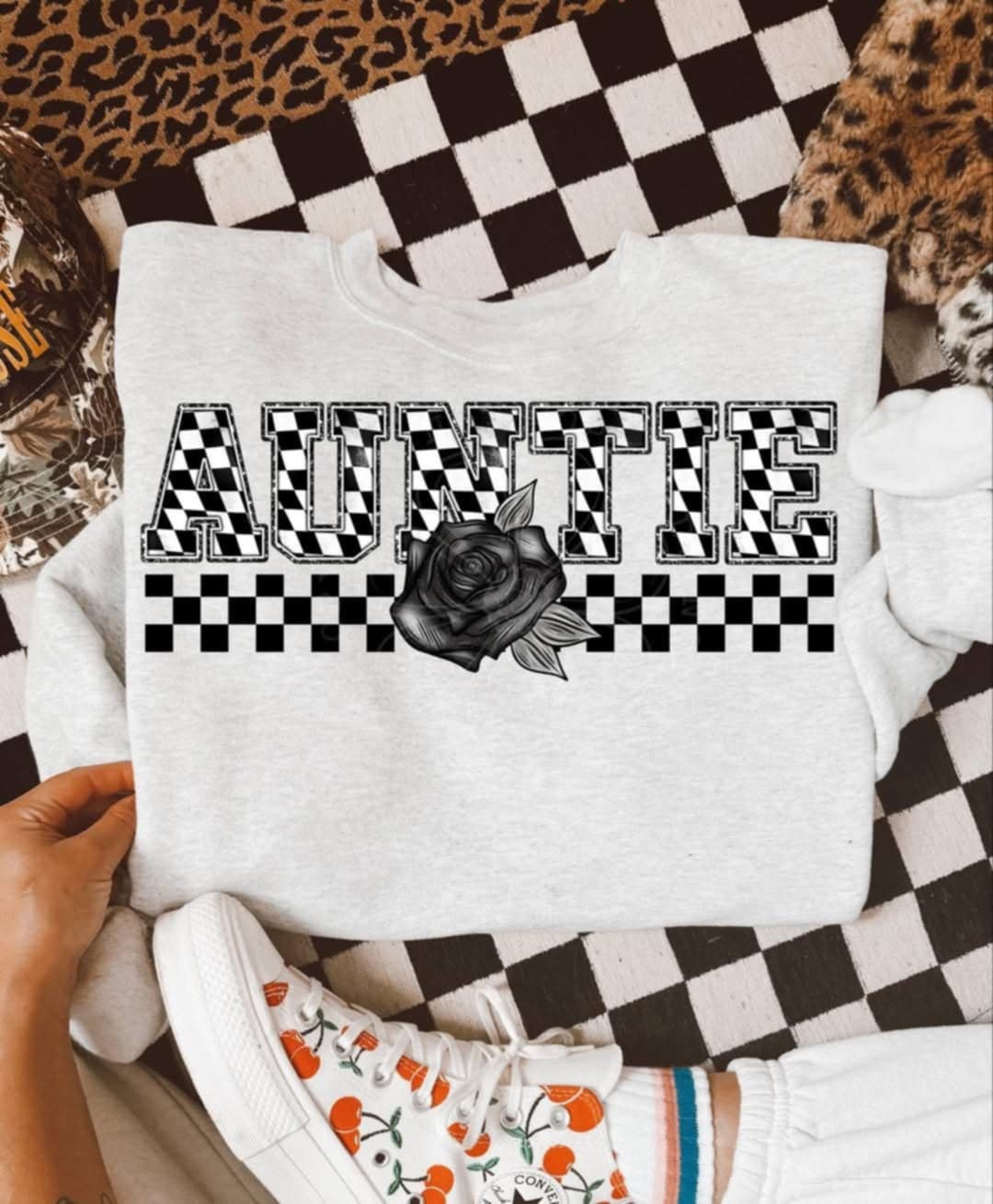Auntie checkered with black rose (Unhinged) 99327 DTF transfer