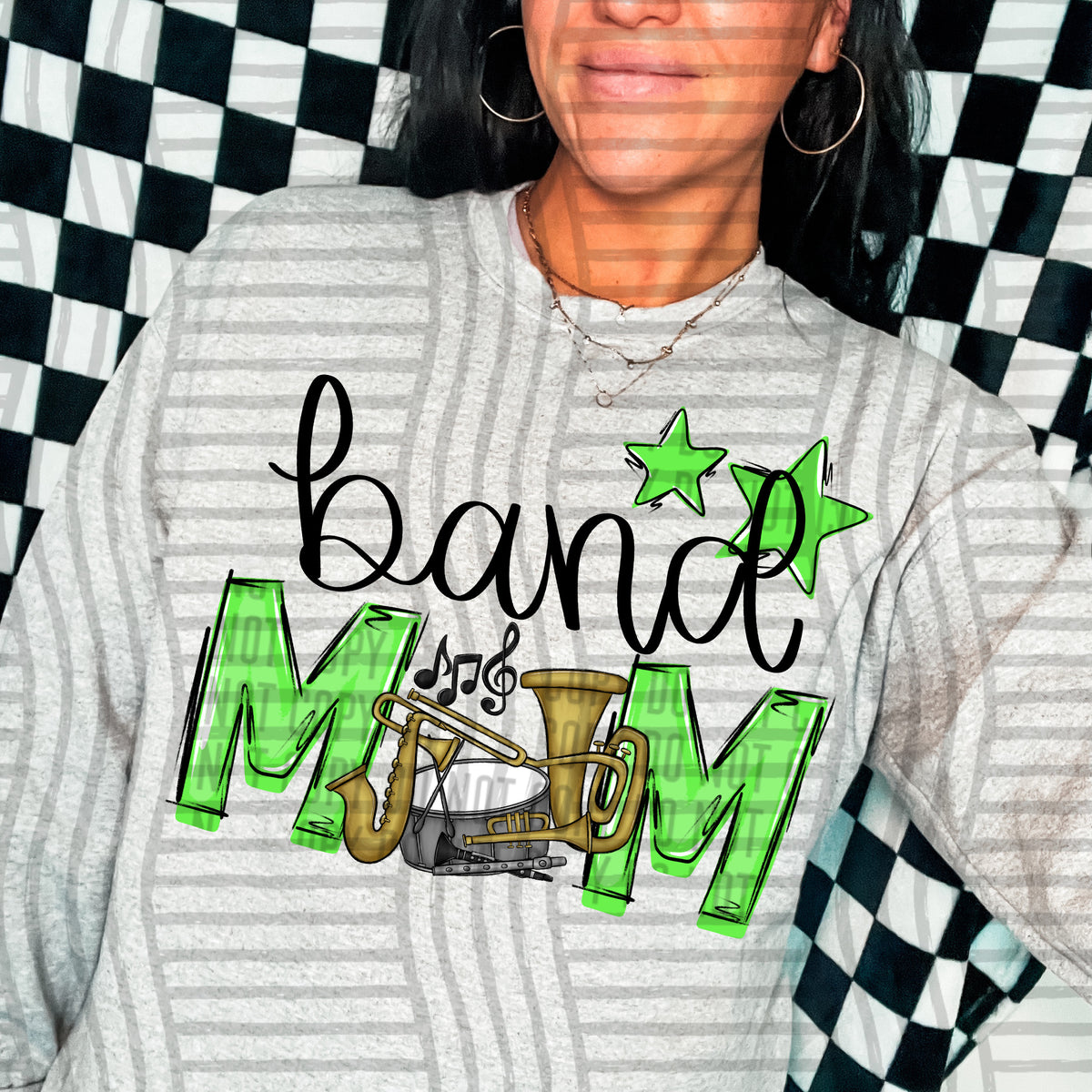 band mom gray lime green stars (Caplinger) DTF transfer