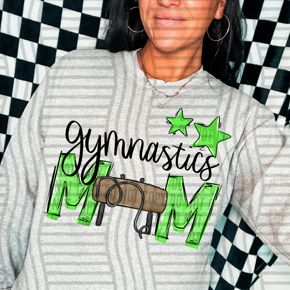 gymnastics mom gray lime green stars (Caplinger) DTF transfer