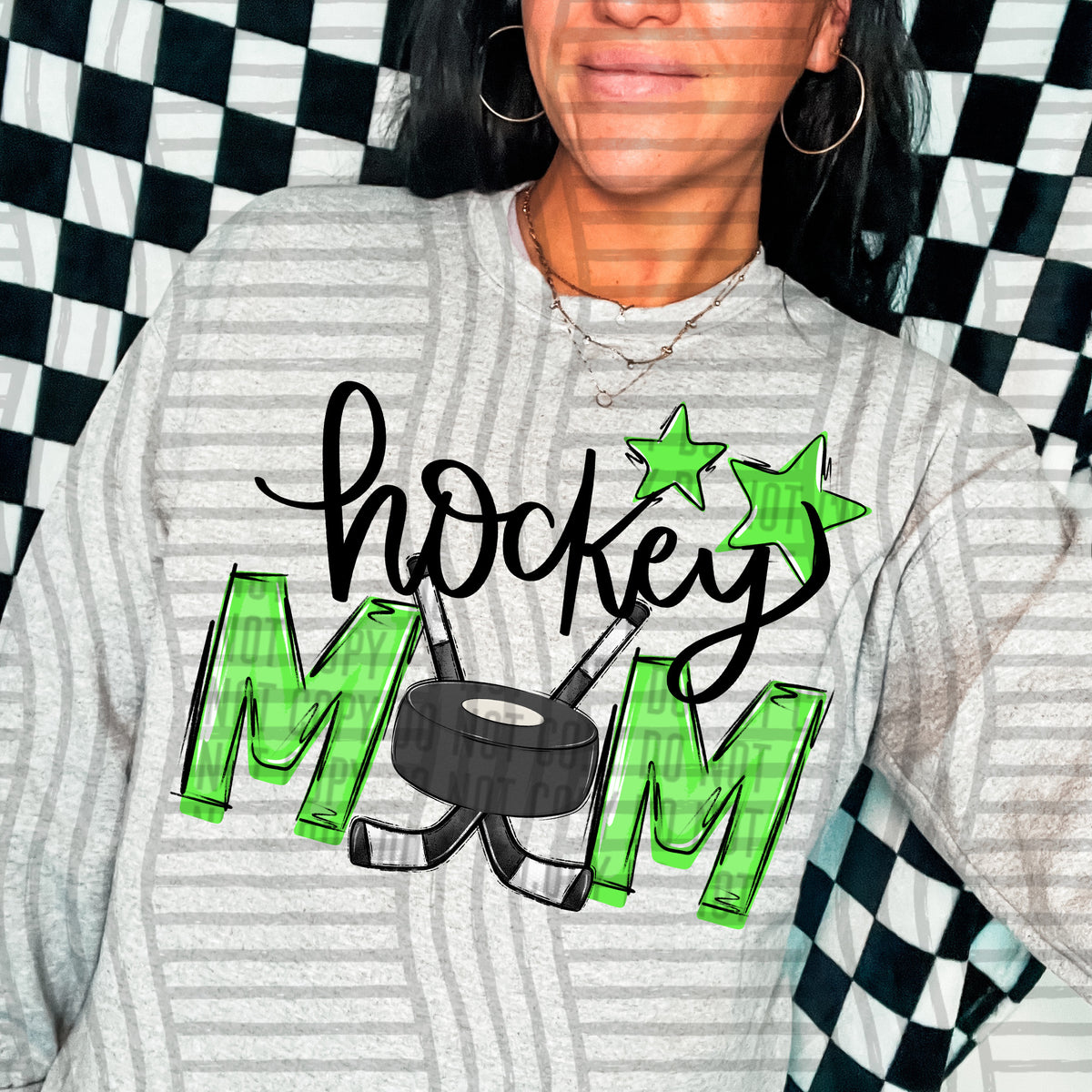 hockey mom gray lime green stars (Caplinger) DTF transfer