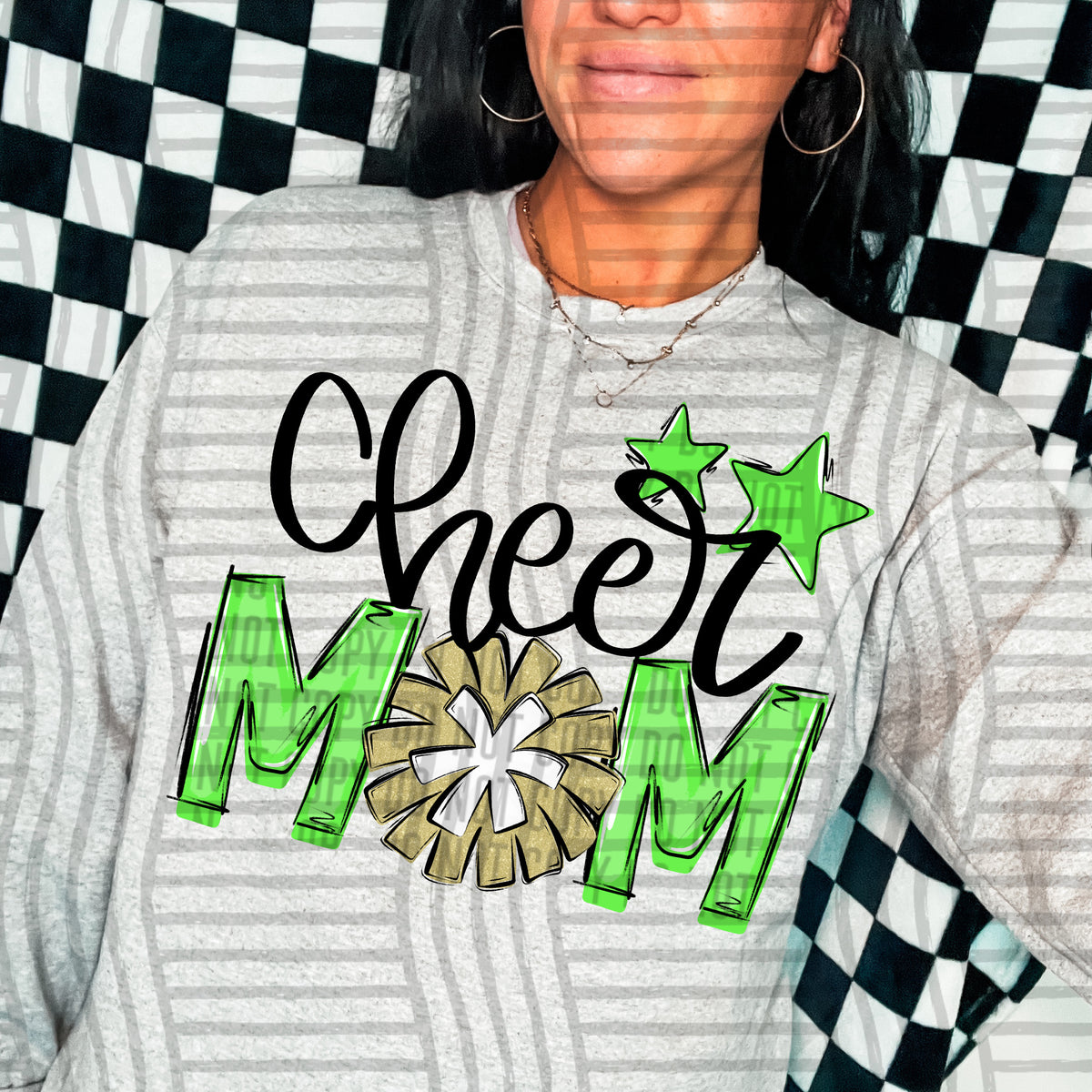 cheer mom lime green with gold pompom and stars (Caplinger) DTF transfer