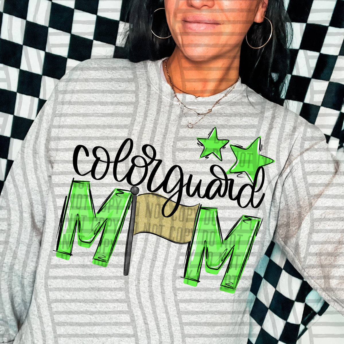 color guard mom gray lime green stars (Caplinger) DTF transfer