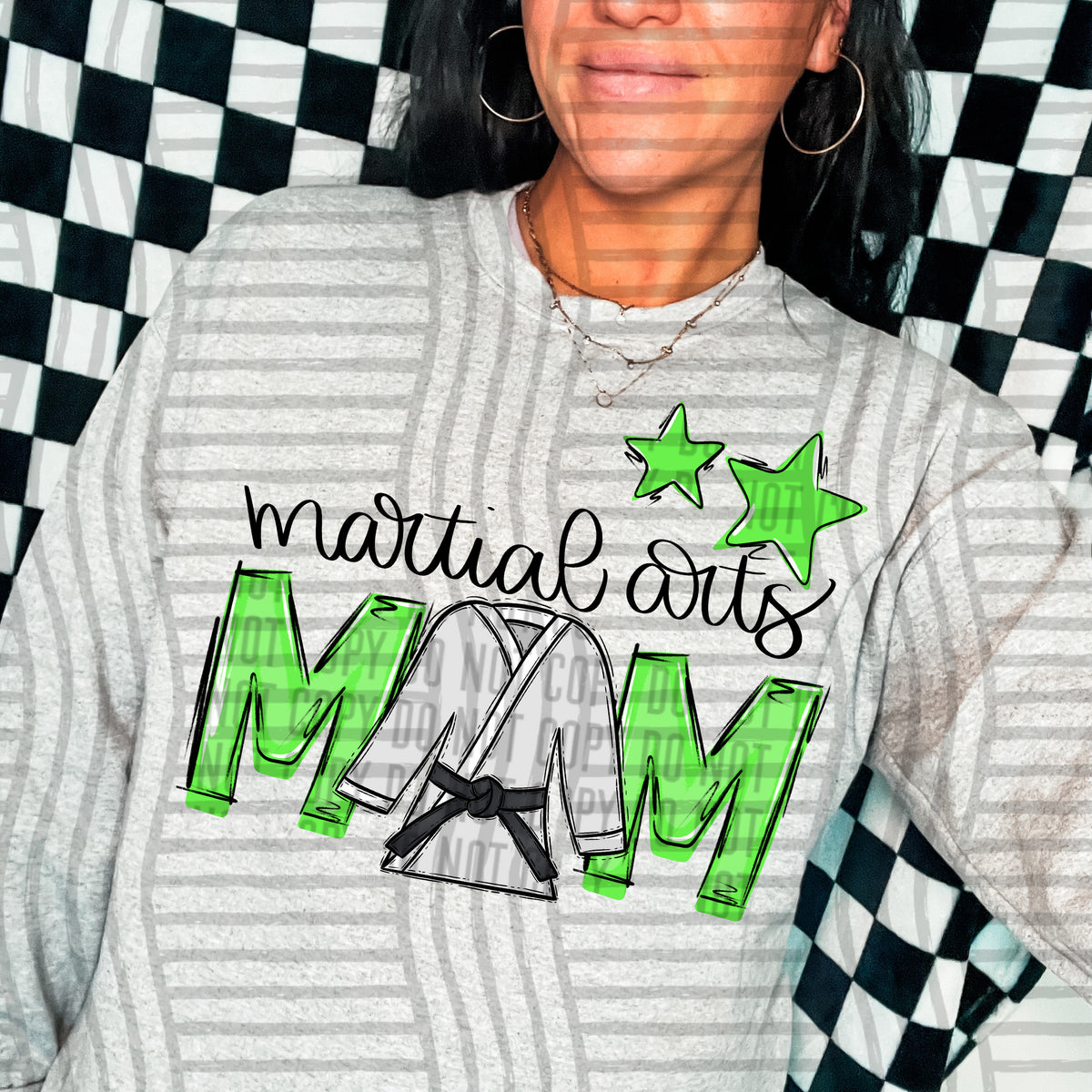 martial arts mom gray lime green stars (Caplinger) DTF transfer