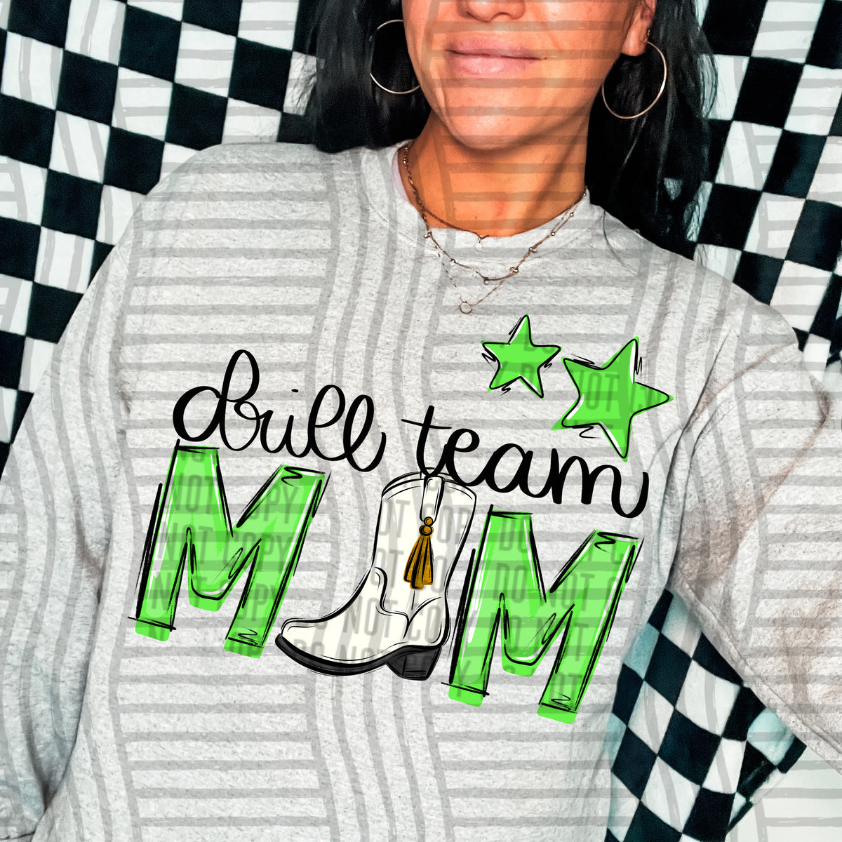 drill team mom gray lime green stars (Caplinger) DTF transfer