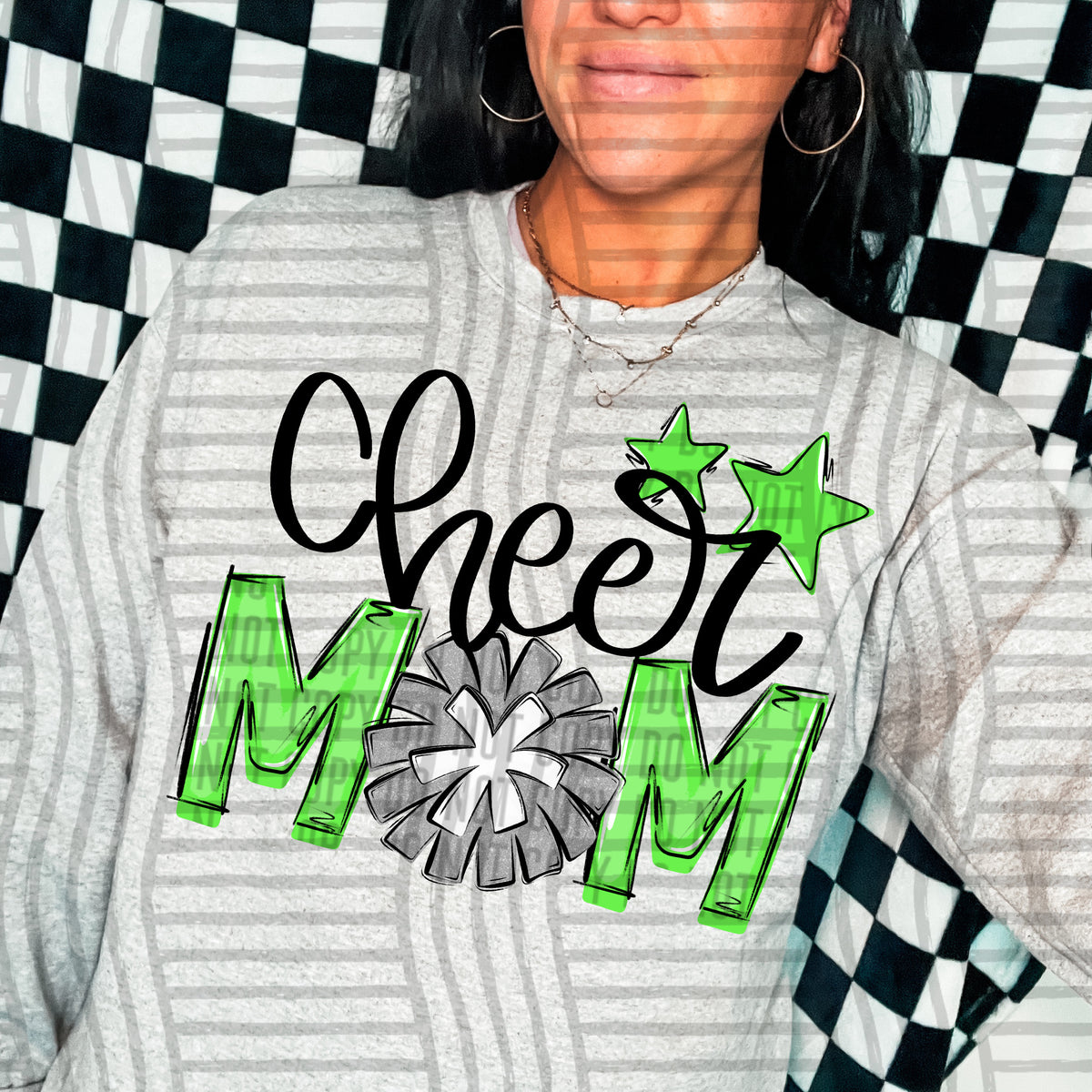 cheer mom lime green with silver pompom and stars (Caplinger) DTF transfer