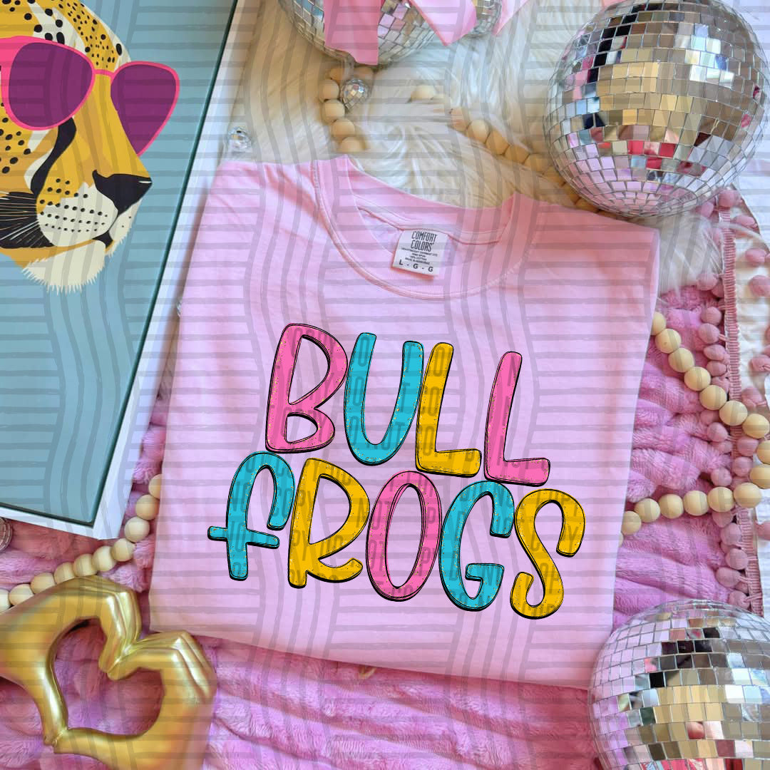 blue yellow and pink bull frogs stacked (Caplinger) DTF Transfer