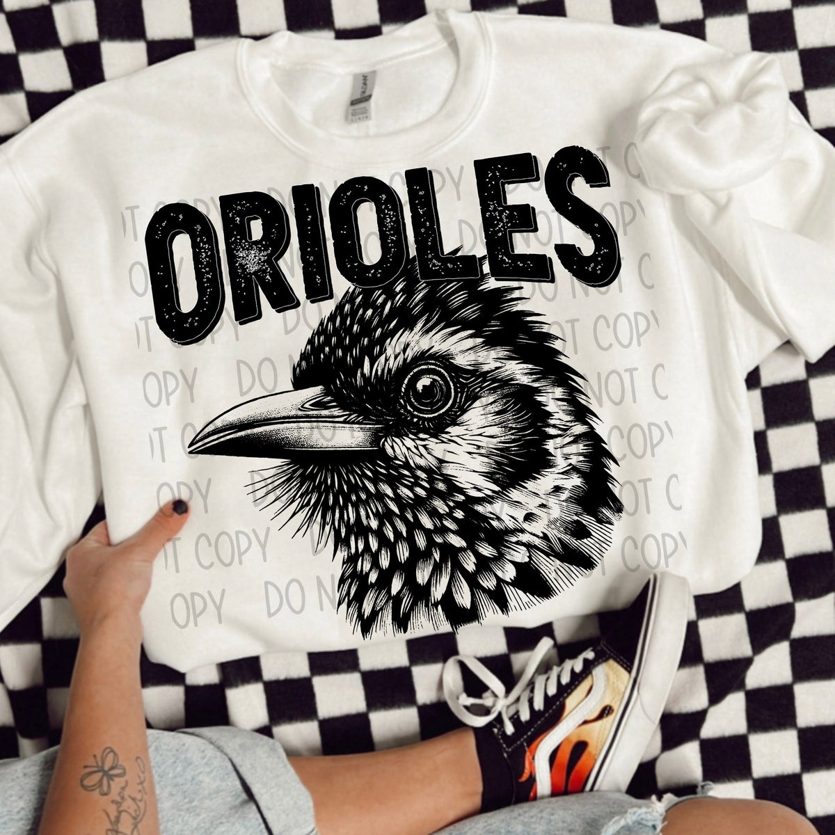 Orioles black/white outline DTF transfer
