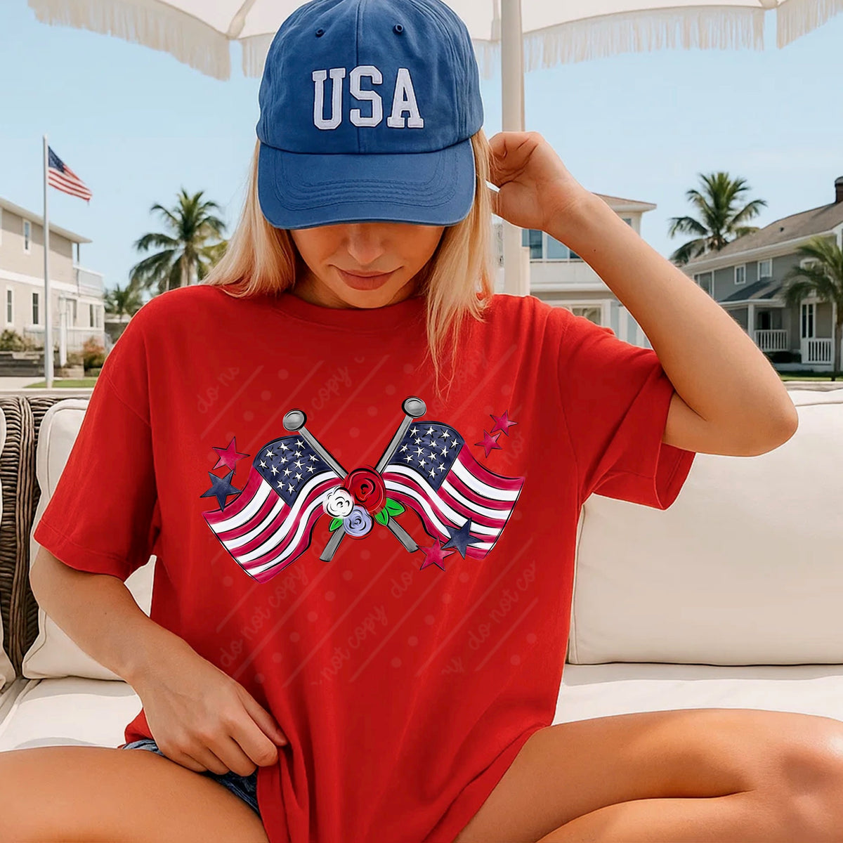 Two American flags and flowers DTF Transfer