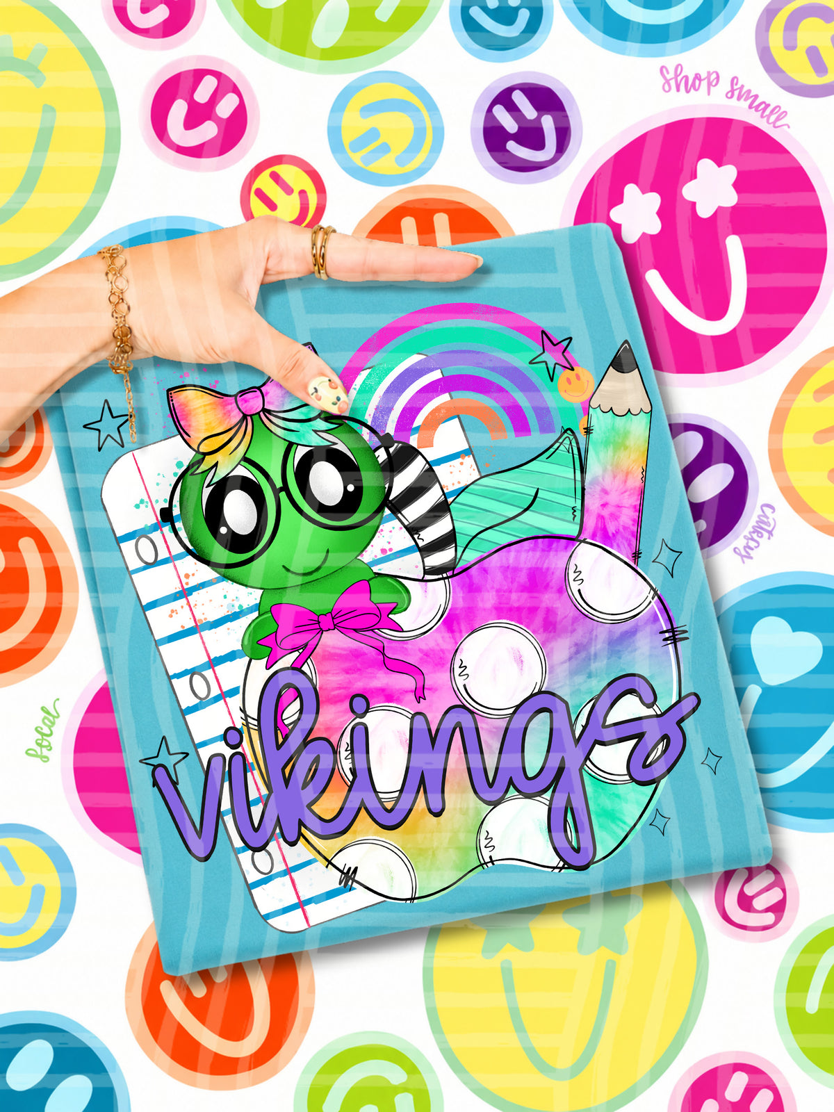 vikings tie dye apple with white dots & green bug (CAPLINGER) DTF Transfer