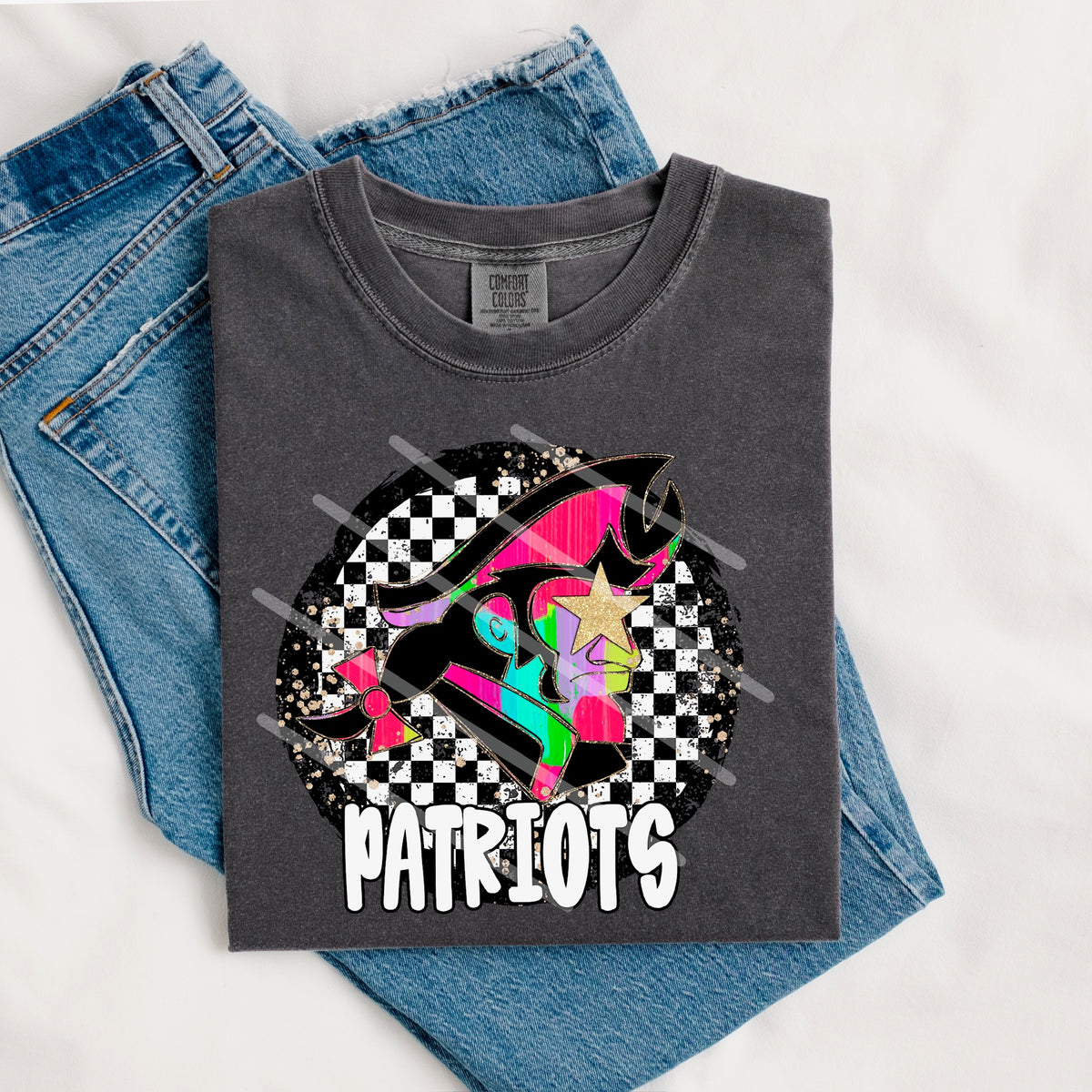 Patriots Mascot rainbow checker circle (county line) 111009 DTF transfer